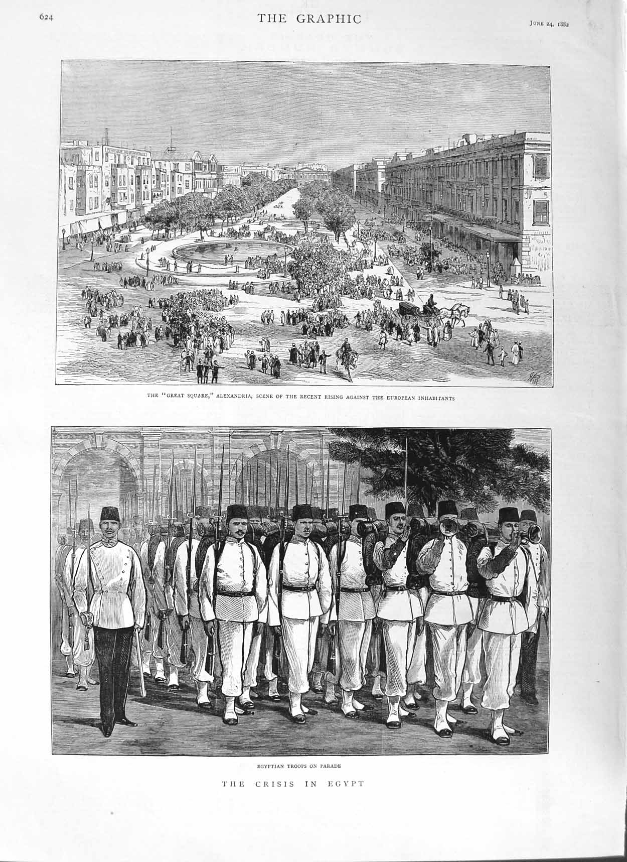 Original Old Antique Print 1882 Egypt Siers Great Square Alexandria War 19th