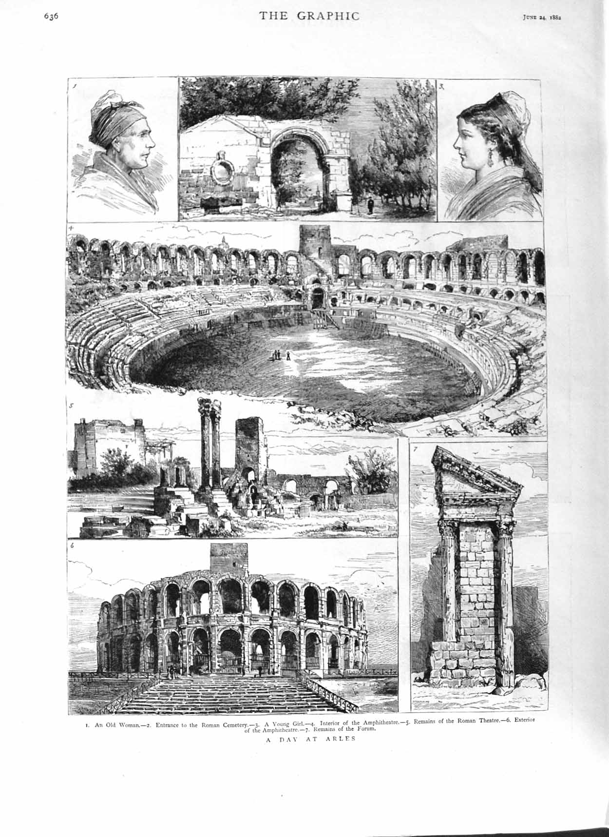 Original Old Antique Print 1882 Arles Roman Cemetery Amphitheatre Arch Victorian