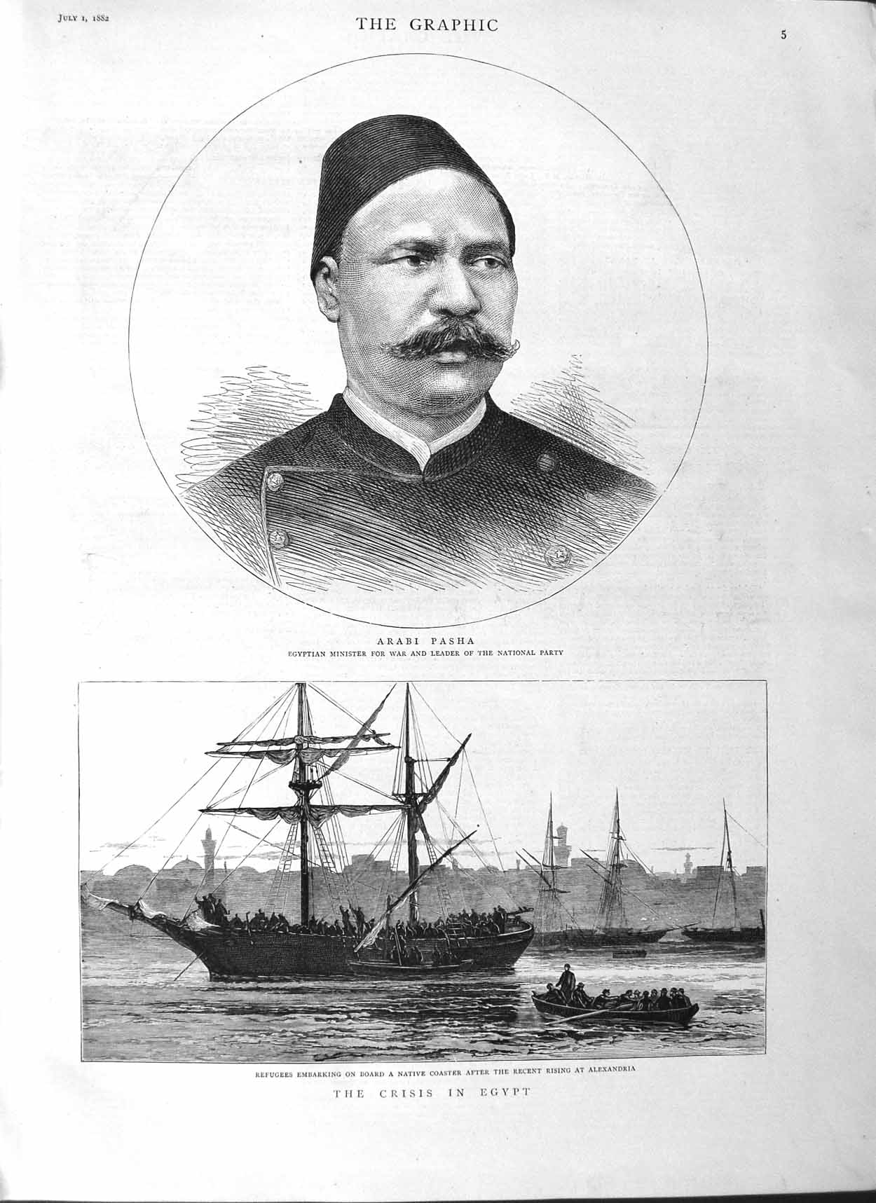 Old Antique Print 1882 Arabi Pasha Egypt Refugees Native Coaster Ship War 19th