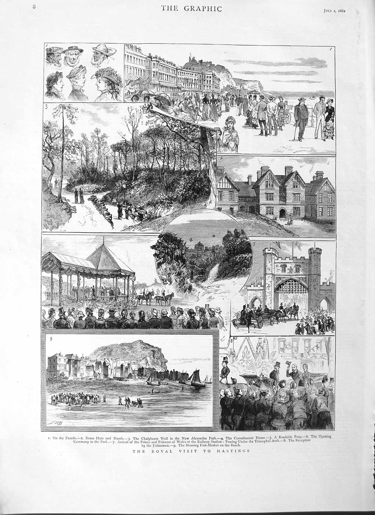 Original Old Antique Print 1882 Hastings Chalybeate Well Prince Wales Alexandra