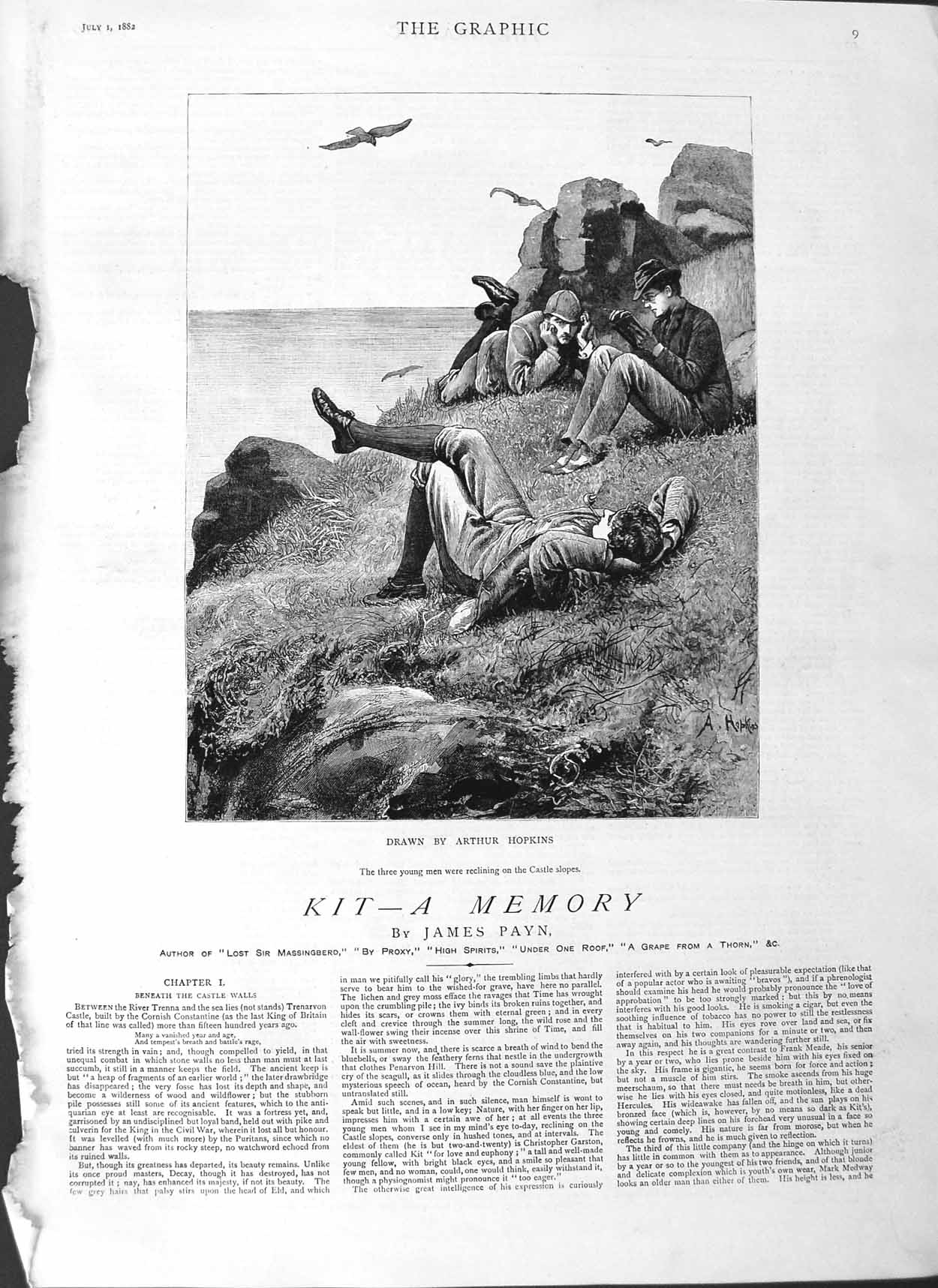 Old Antique Print 1882 Illustration Story Kit Castle Slopes Men Hopkins 19th