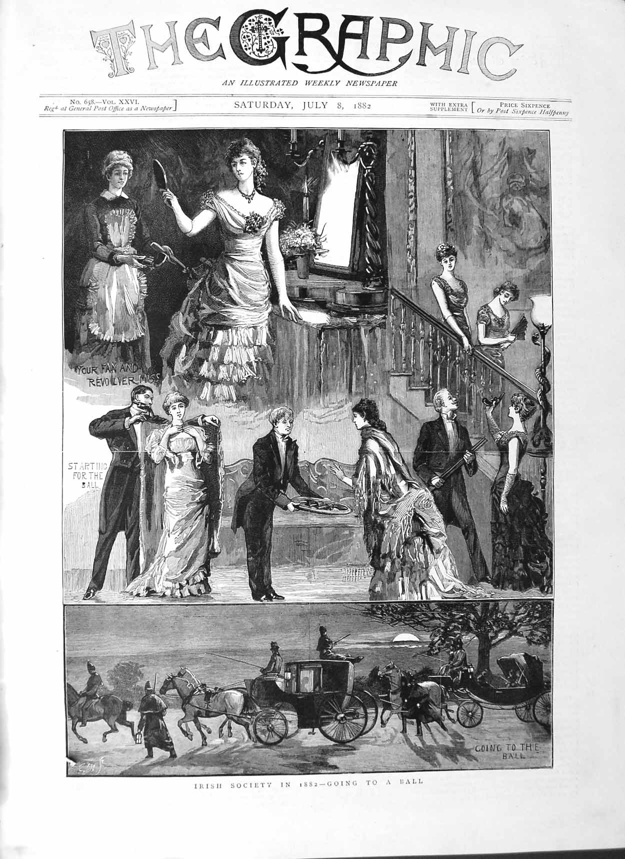 Old Antique Print 1882 Irish Society Ball Ladies Fashion Horse Carriage 19th