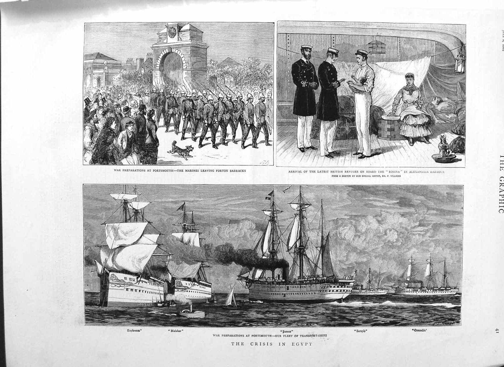 Original Old Antique Print 1882 Egypt War Ships Jumna Serapis Portsmouth Rosina
