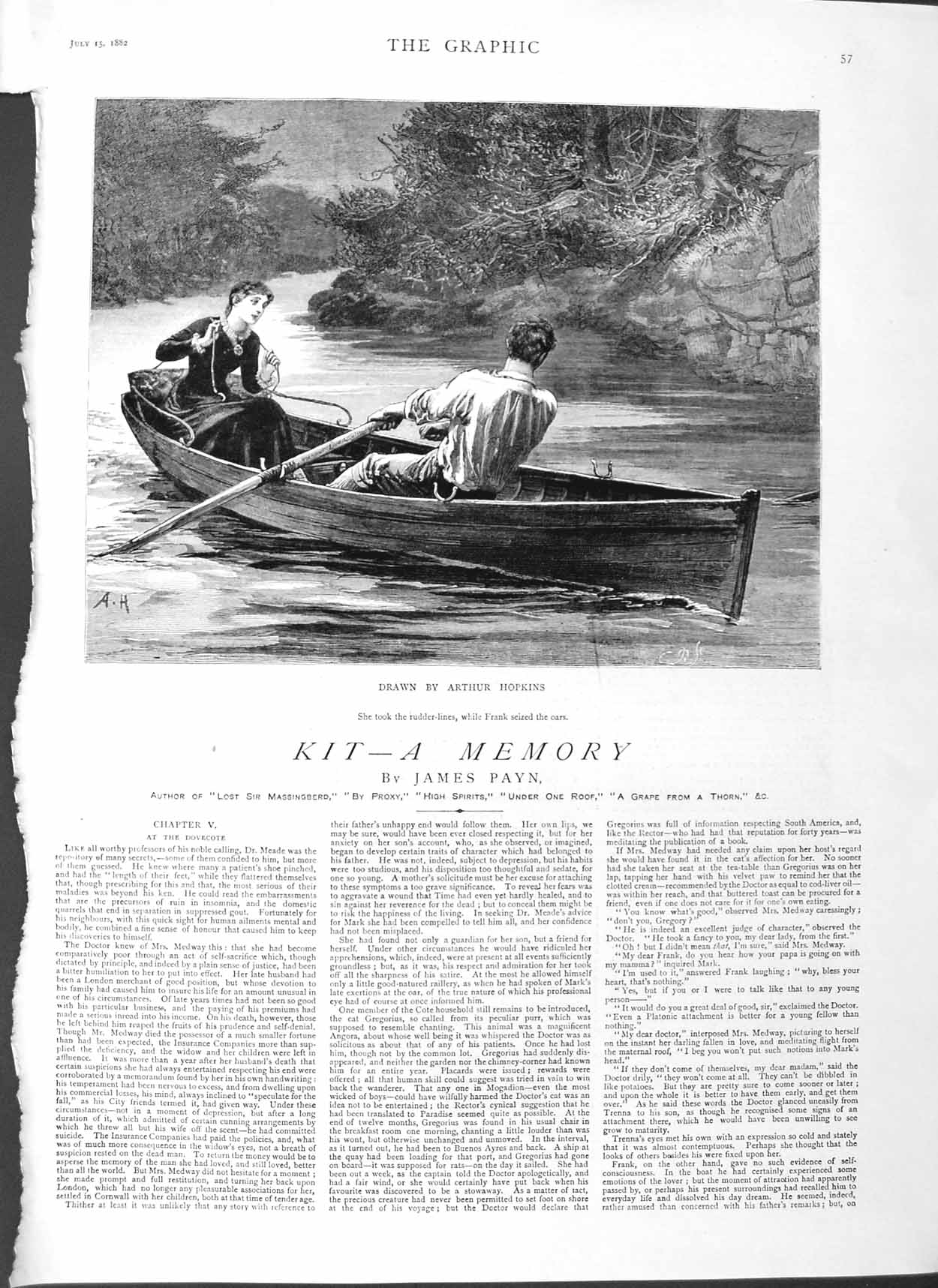 Original Old Antique Print 1882 Illustration Story Kit Man Women River Boat