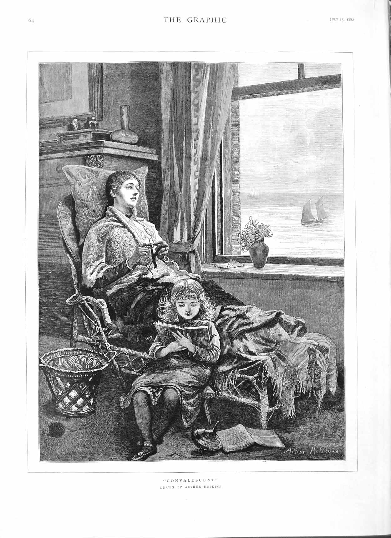 Old Antique Print 1882 Arthur Hopkins Fine Art Convalescent Mother Girl 19th