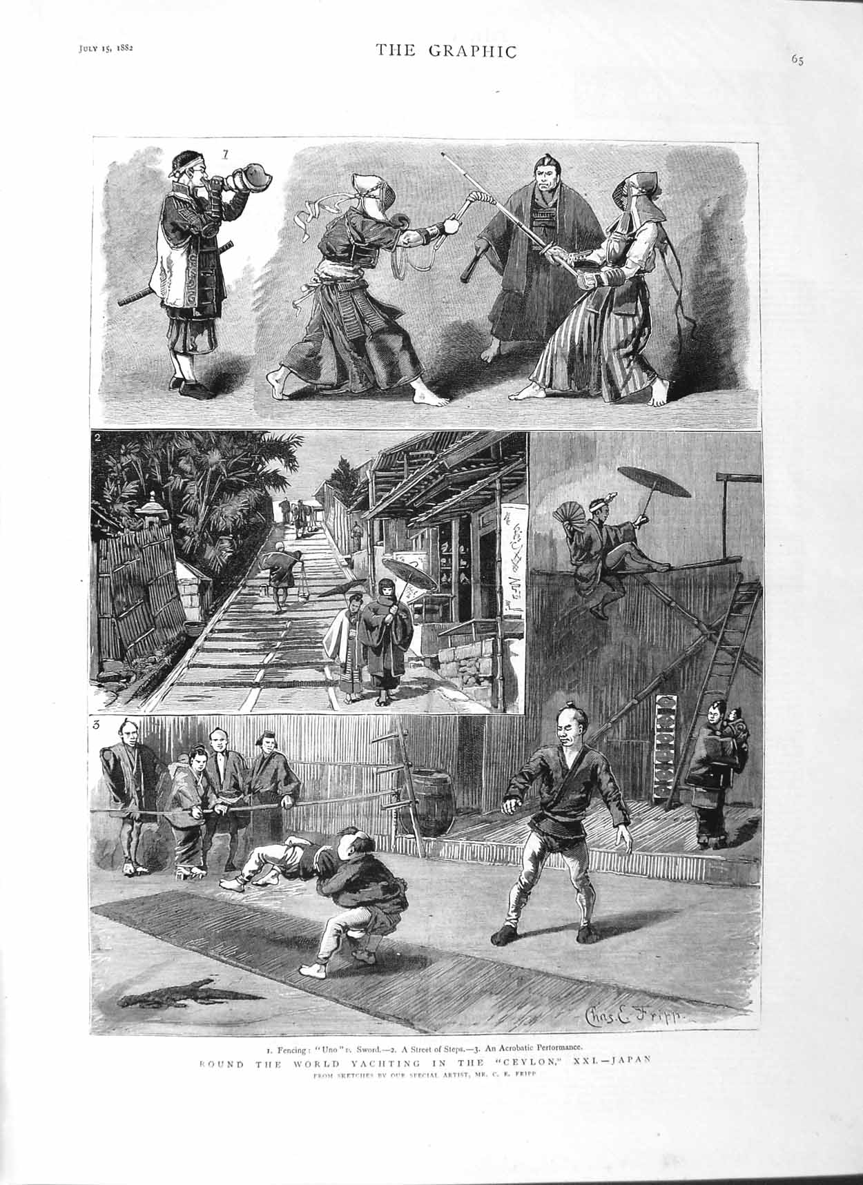 Original Old Antique Print 1882 Round World Yachting Ceylon Japan Acrobat Fripp