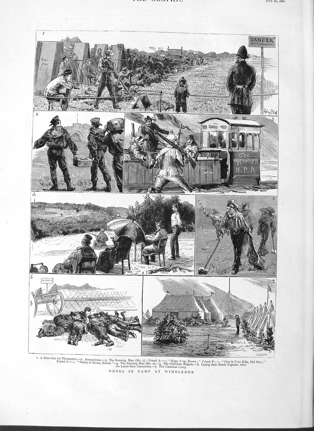 Original Old Antique Print 1882 War Siers Camp Wimbledon Rifle Shooting Tents