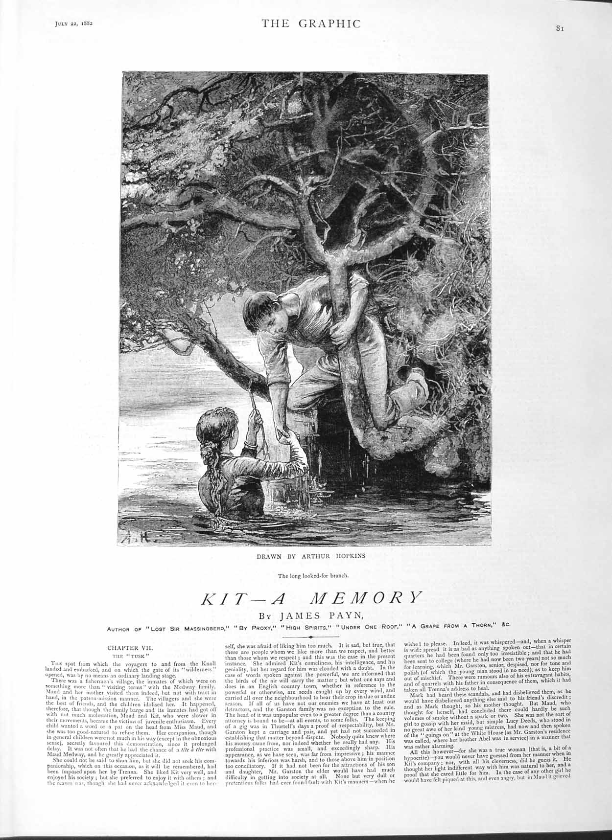 Original Old Antique Print 1882 Illustration Story Kit Lady River Man Hopkins