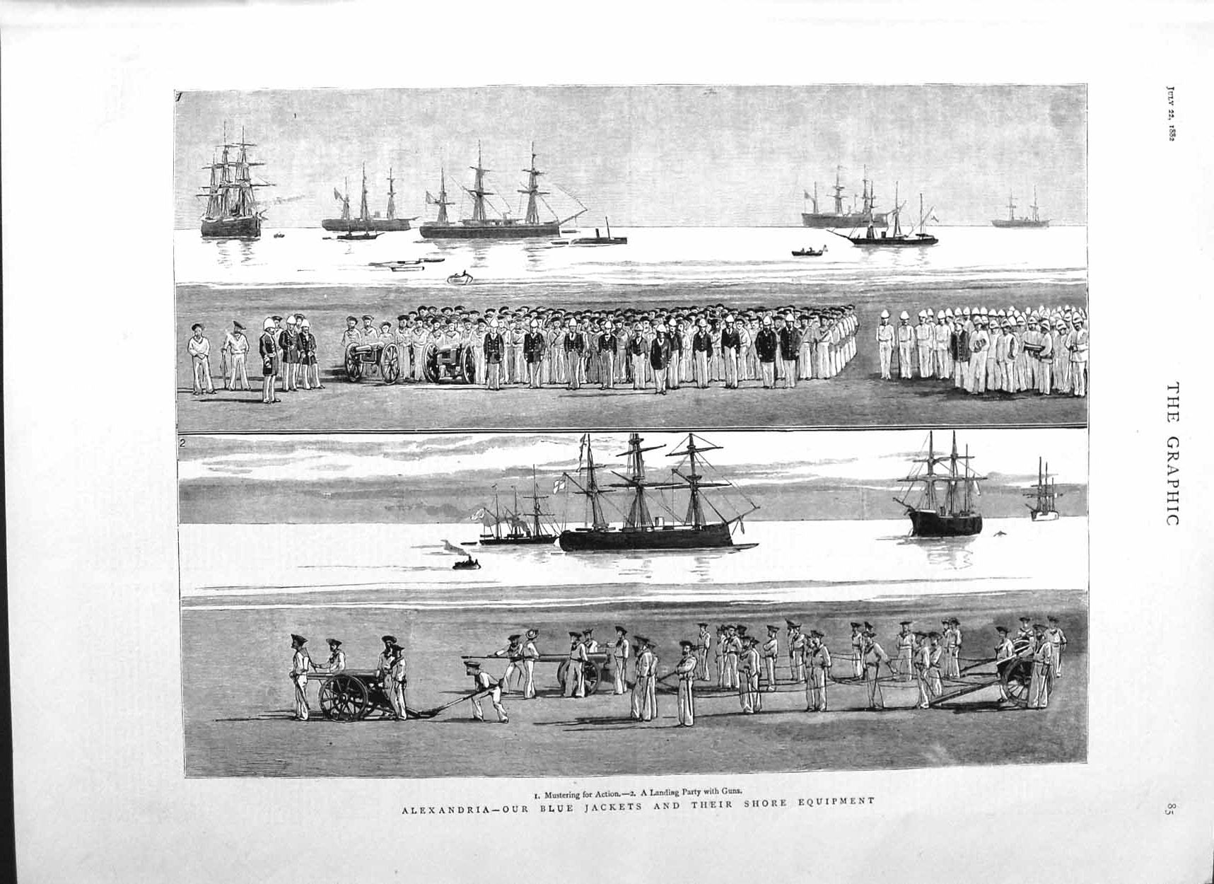 Old Antique Print 1882 Alexandria Blue Jackets War Ships Shore Equipment 19th