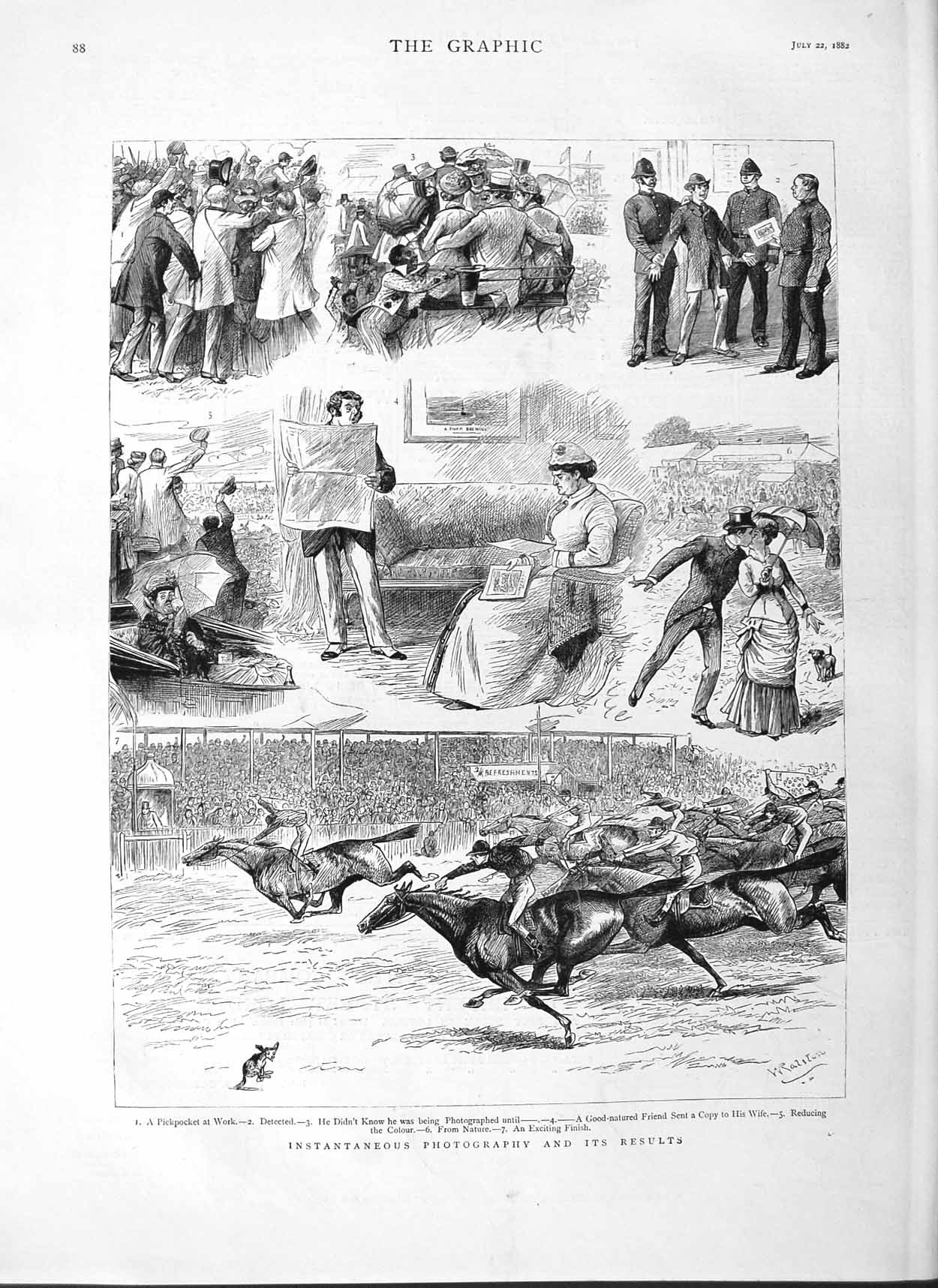 Original Old Antique Print 1882 Horse Racing Pickpocket Policeman Victorian