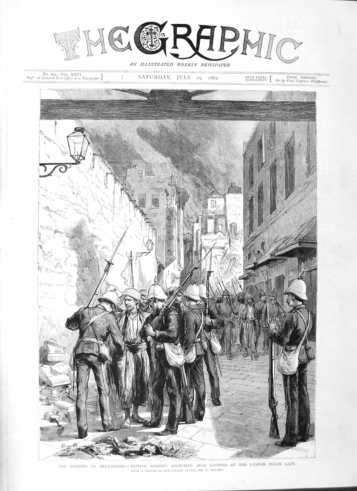 Old Antique Print 1882 Alexandria British Marines Arab Looters House Gate 19th