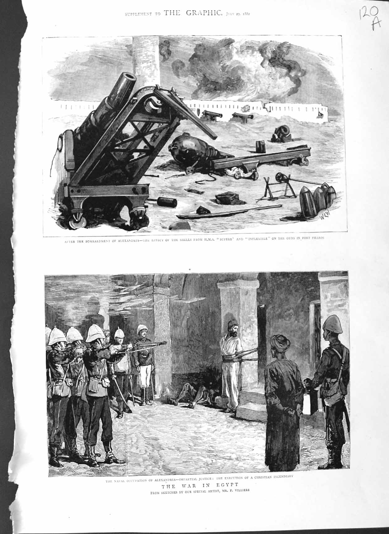 Original Old Antique Print 1882 War Egypt Alexandria Execution Christian Navy