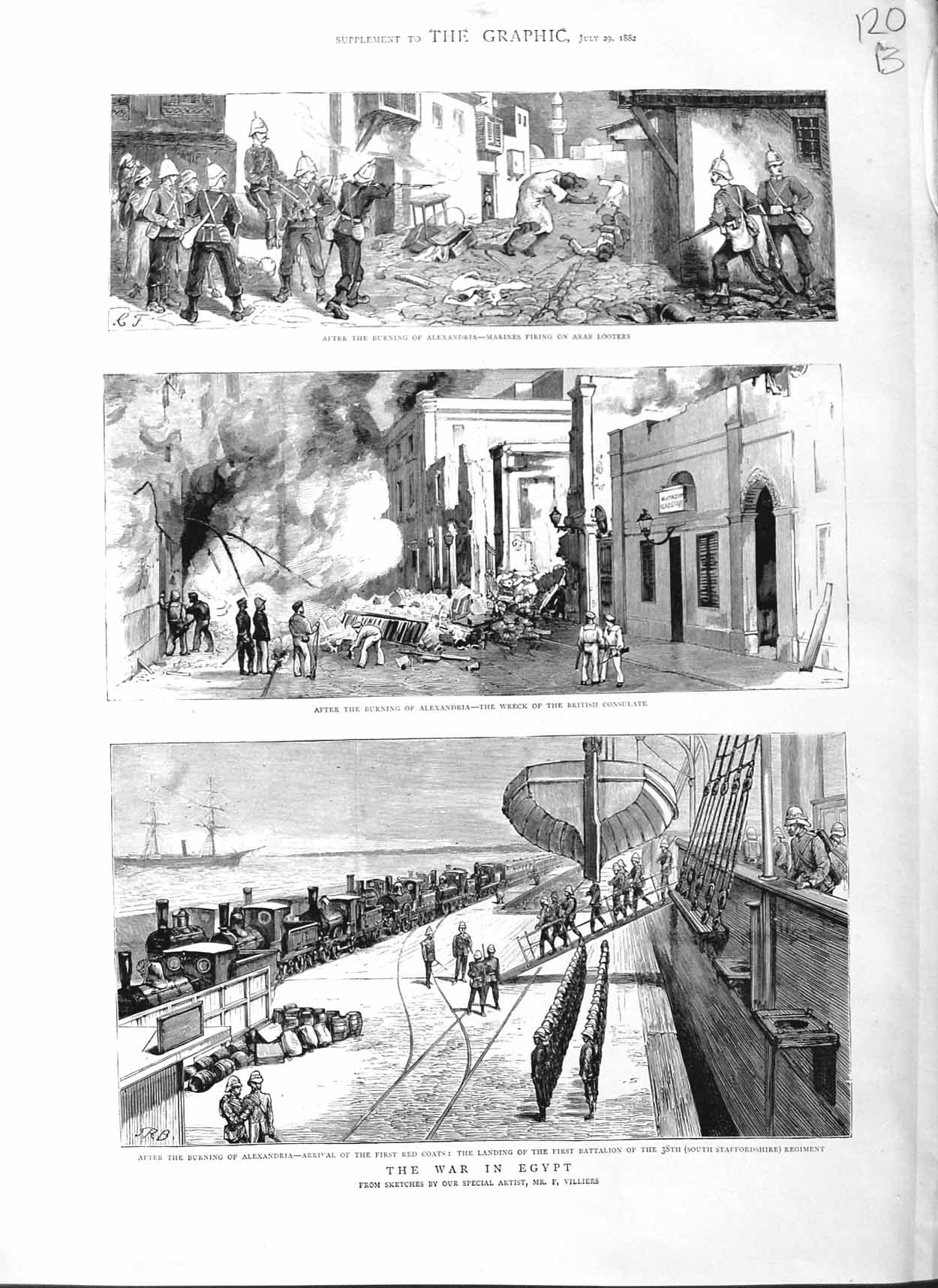 Antique Old Print 1882 War Egypt Marines Alexandria Red Coats Arab Looter 19th