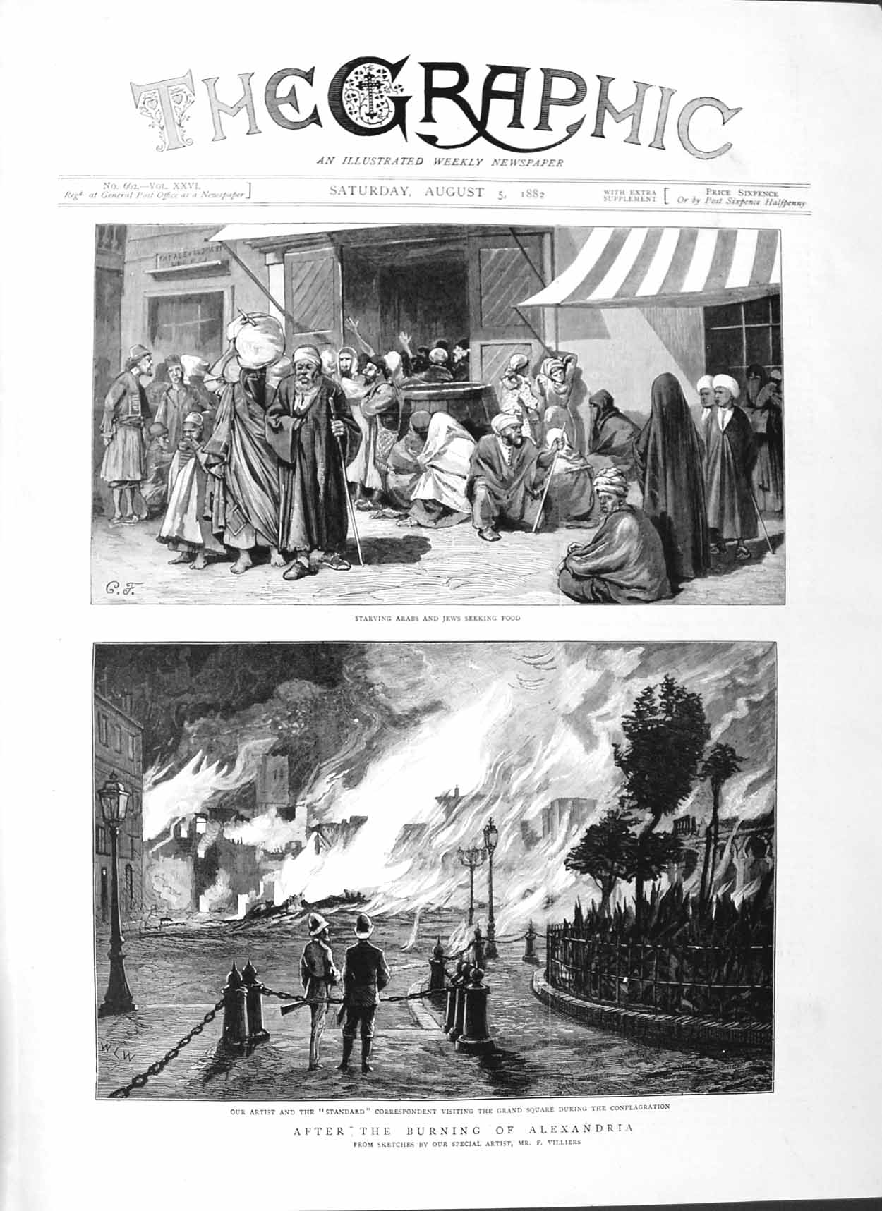 Old Antique Print 1882 Fire Alexandria Arabs Jews Grand Square Fine Art 19th