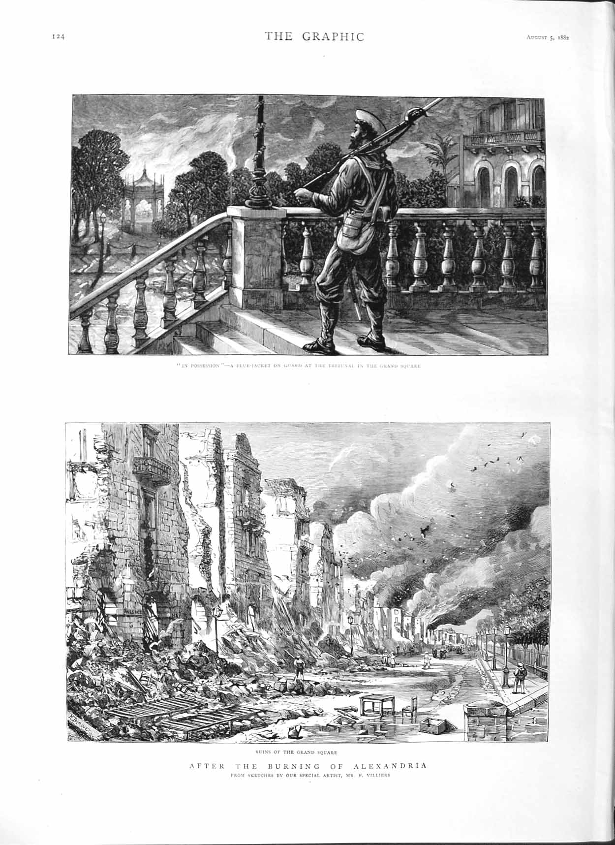 Original Old Antique Print 1882 Fire Alexandria Blue-Jacket Grand Sqaure Sier