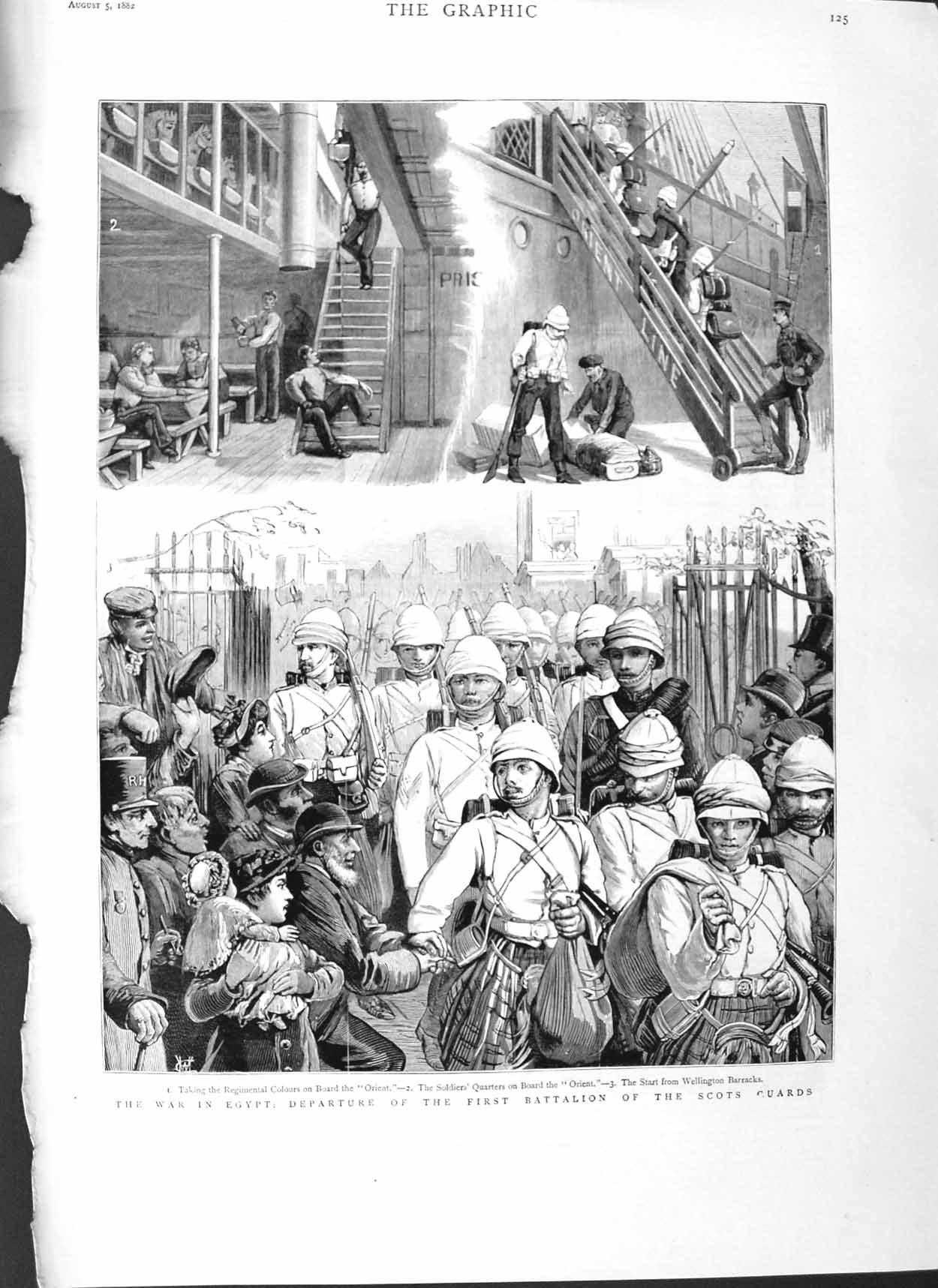 Original Old Antique Print 1882 War Egypt Scots Guards Orient Ship Wellington
