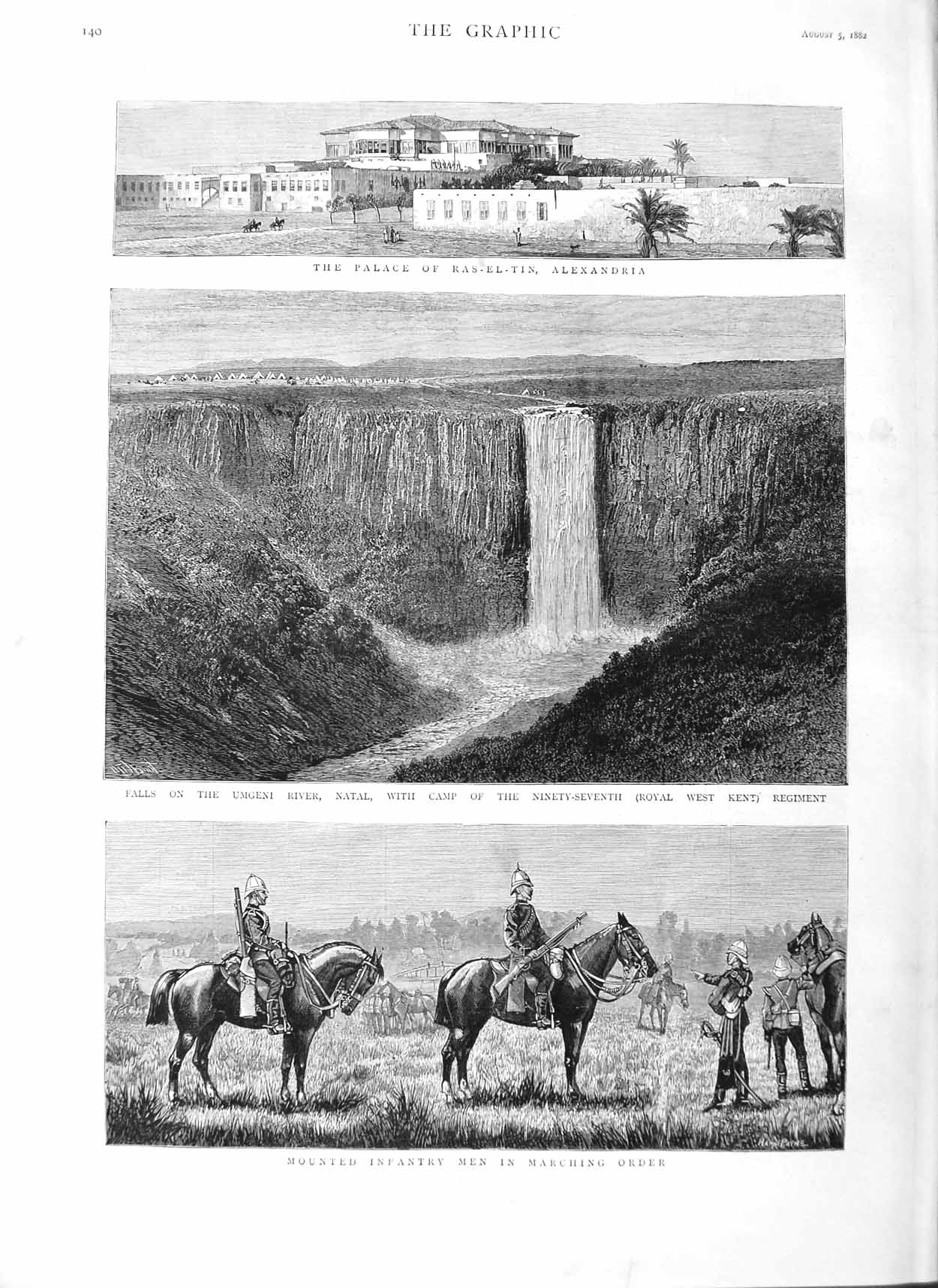 Old Antique Print 1882 Palace Ras-El-Tin Alexandria Umgeni River War Army 19th