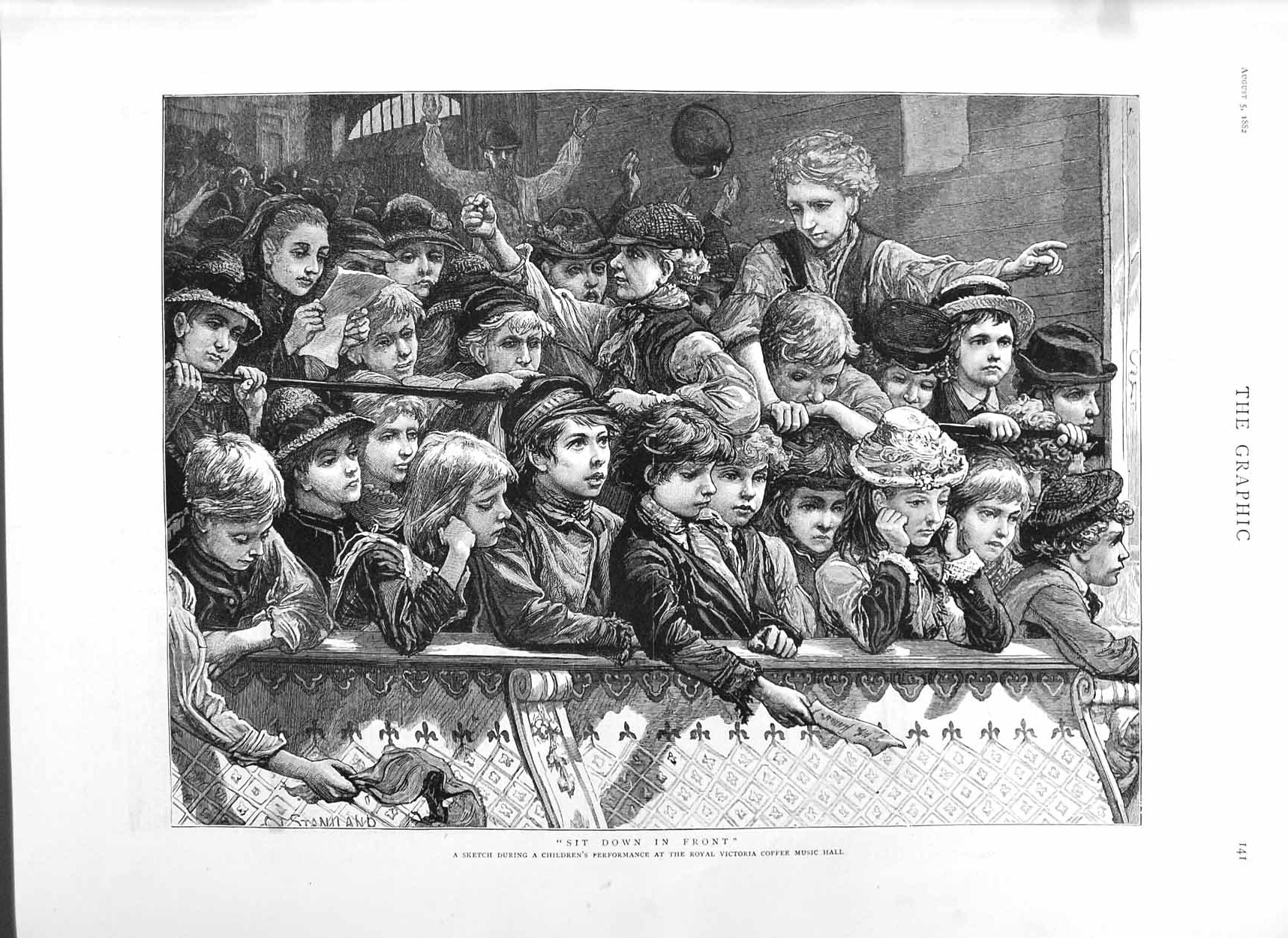 Old Antique Print 1882 Childrens Performance Victoria Coffee Music Hall 19th