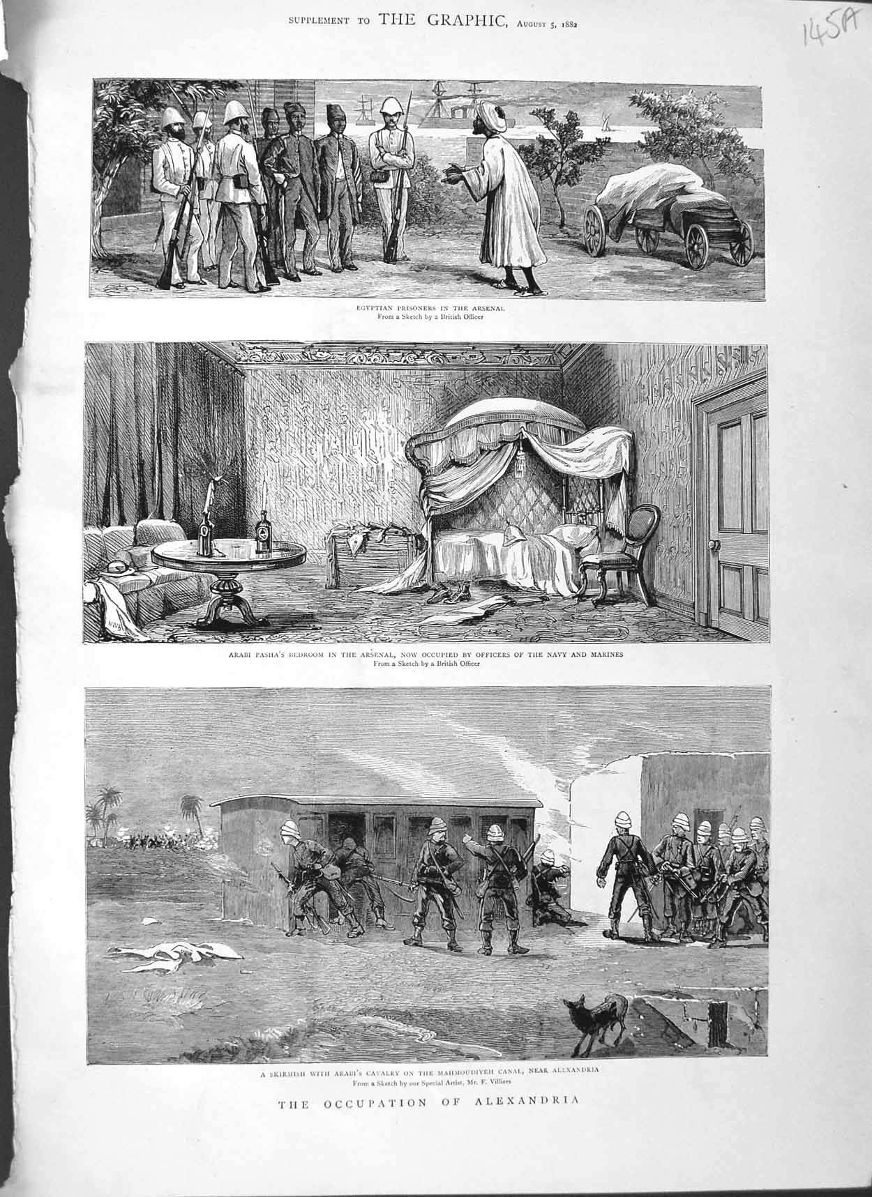 Old Antique Print 1882 Occupation Alexandria Mahmoudiyeh Canal Egypt War 19th