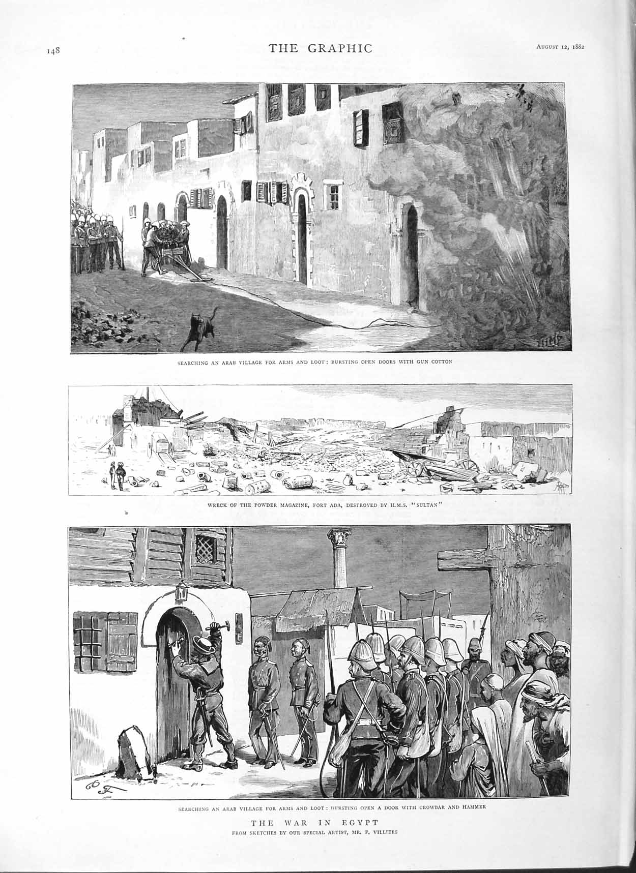 Old Antique Print 1882 War Egypt Arab Village Fort Ada Ship Sultan Arms 19th