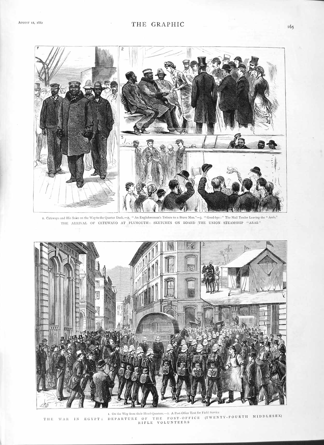 Original Old Antique Print 1882 War Egypt Rifle Volunteers Cetewayo Plymou 19th