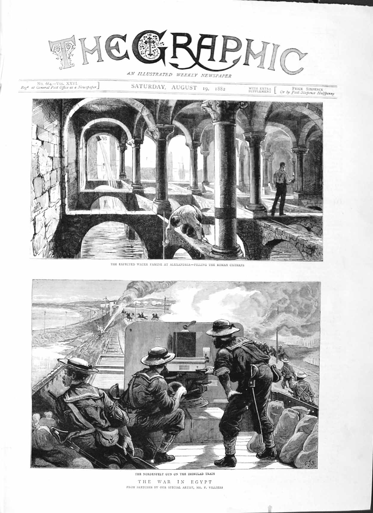 Old Antique Print 1882 War Egypt Roman Cisterns Alexandria Nordenfelt Gun 19th