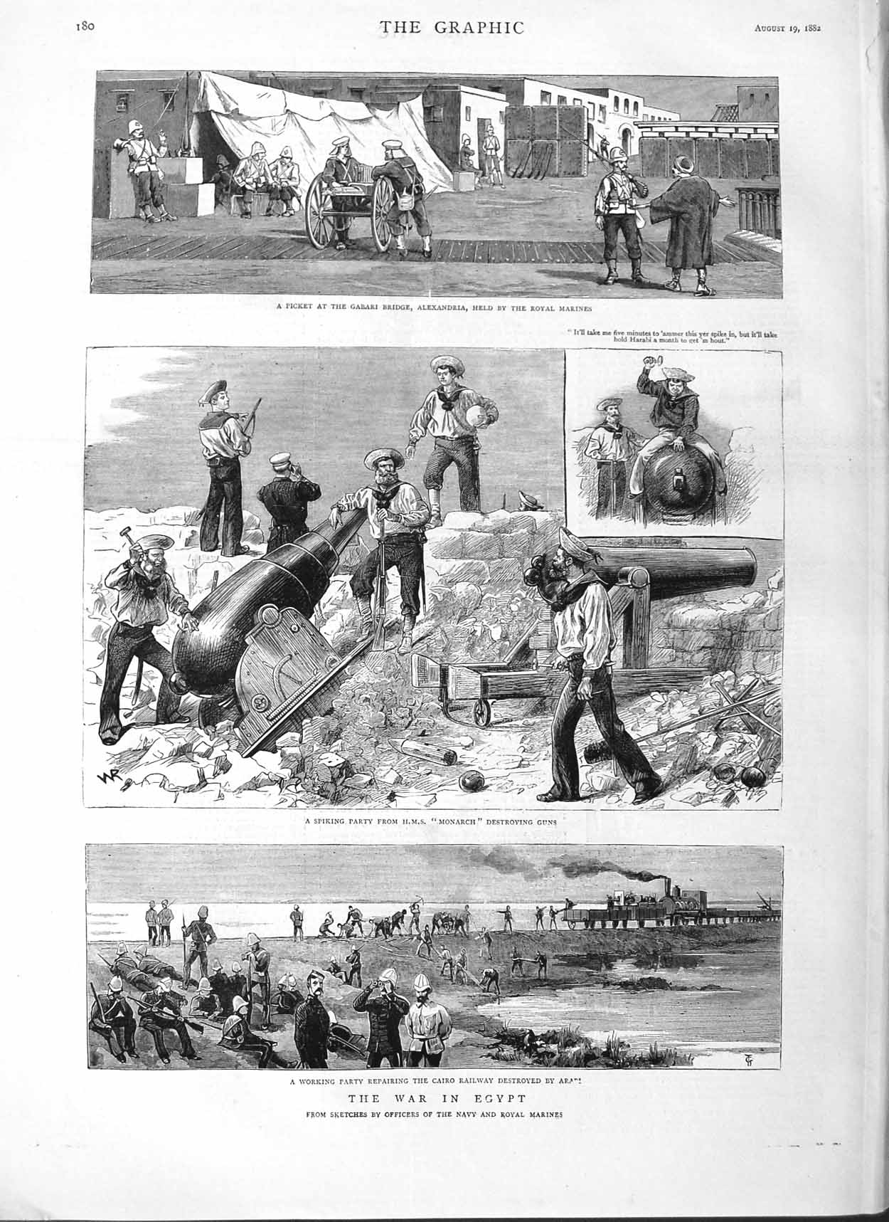 Old Antique Print 1882 War Egypt Cairo Railway Gabari Bridge Alexandria 19th