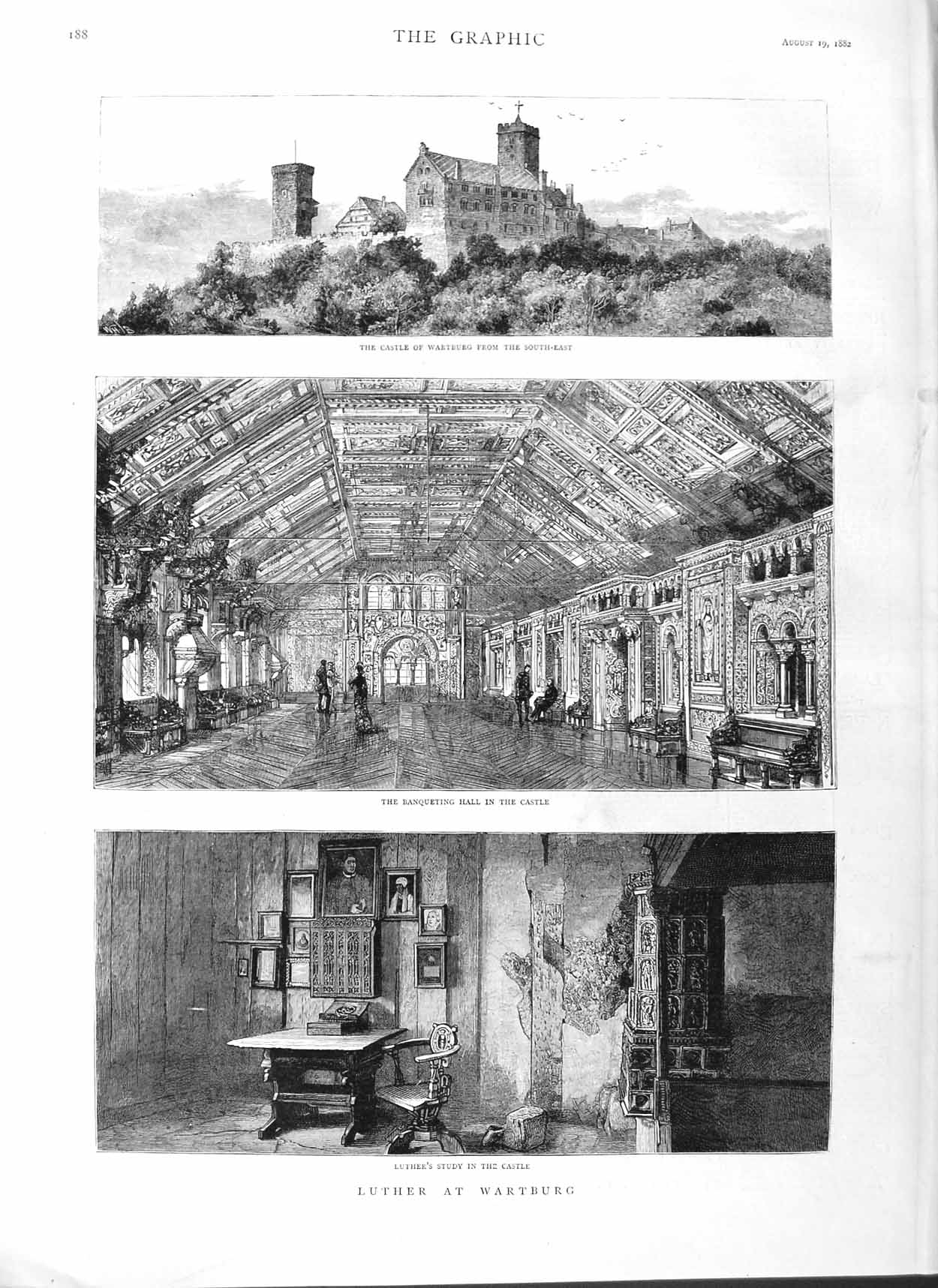 Old Antique Print 1882 Luther Wartburg Study Castle Banqueting Hall Art 19th