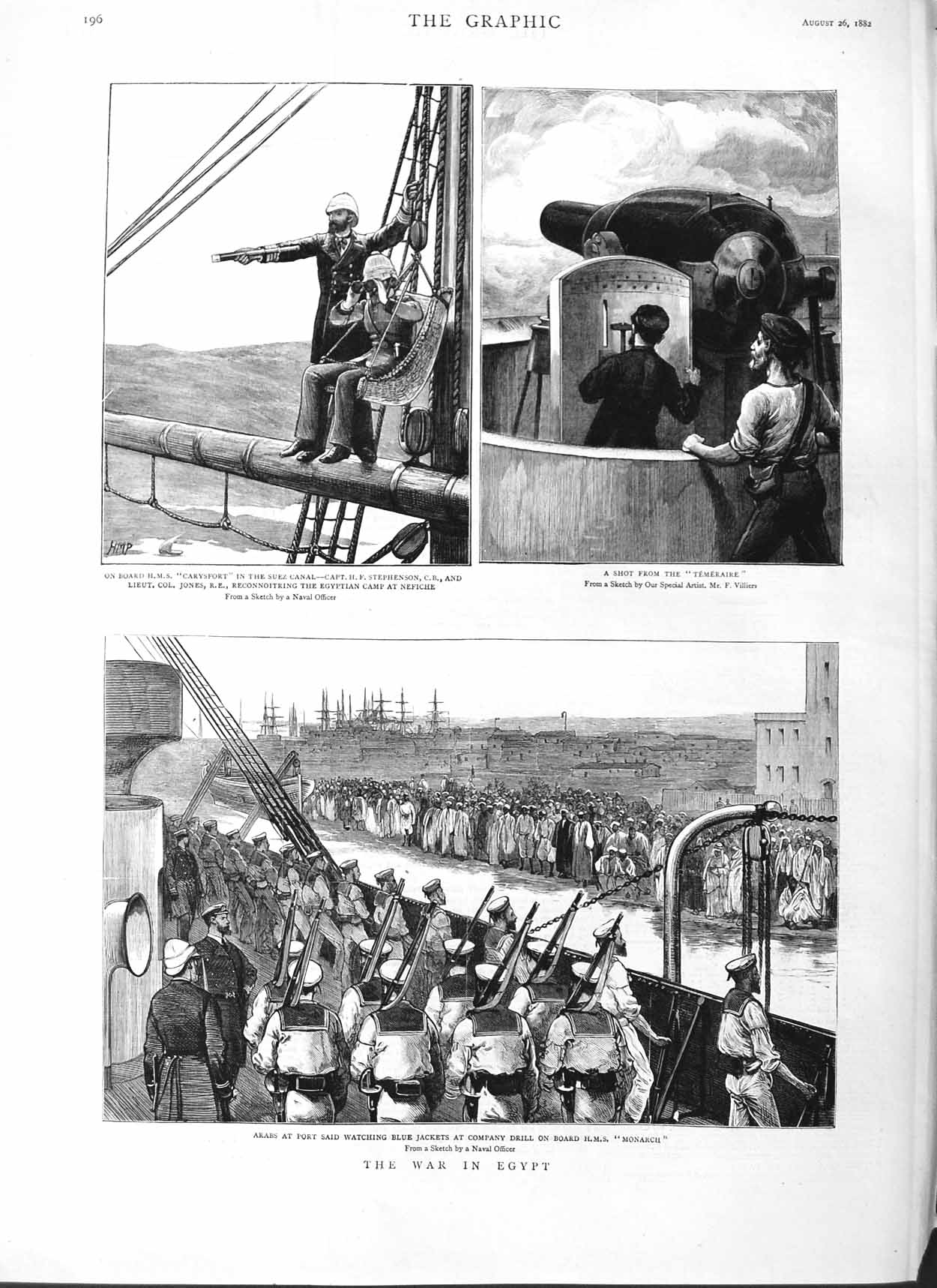 Old Antique Print 1882 War Egypt Arabs Port Said Monarch Ship Carysfort 19th