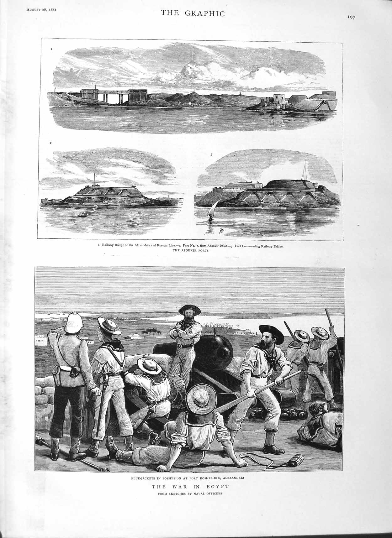 Original Old Antique Print 1882 War Egypt Fort Kom-El-Dik Alexandria Aboukir