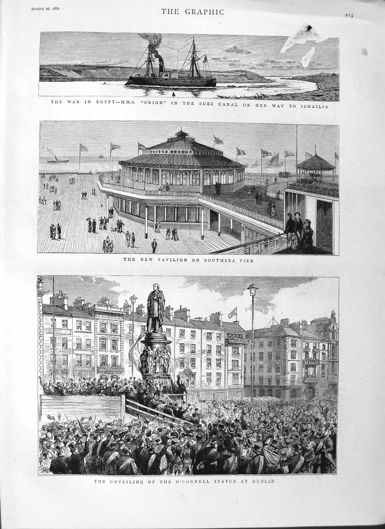 Old Antique Print 1882 O'Connell Statue Dublin Southsea Pier Orion Ship 19th