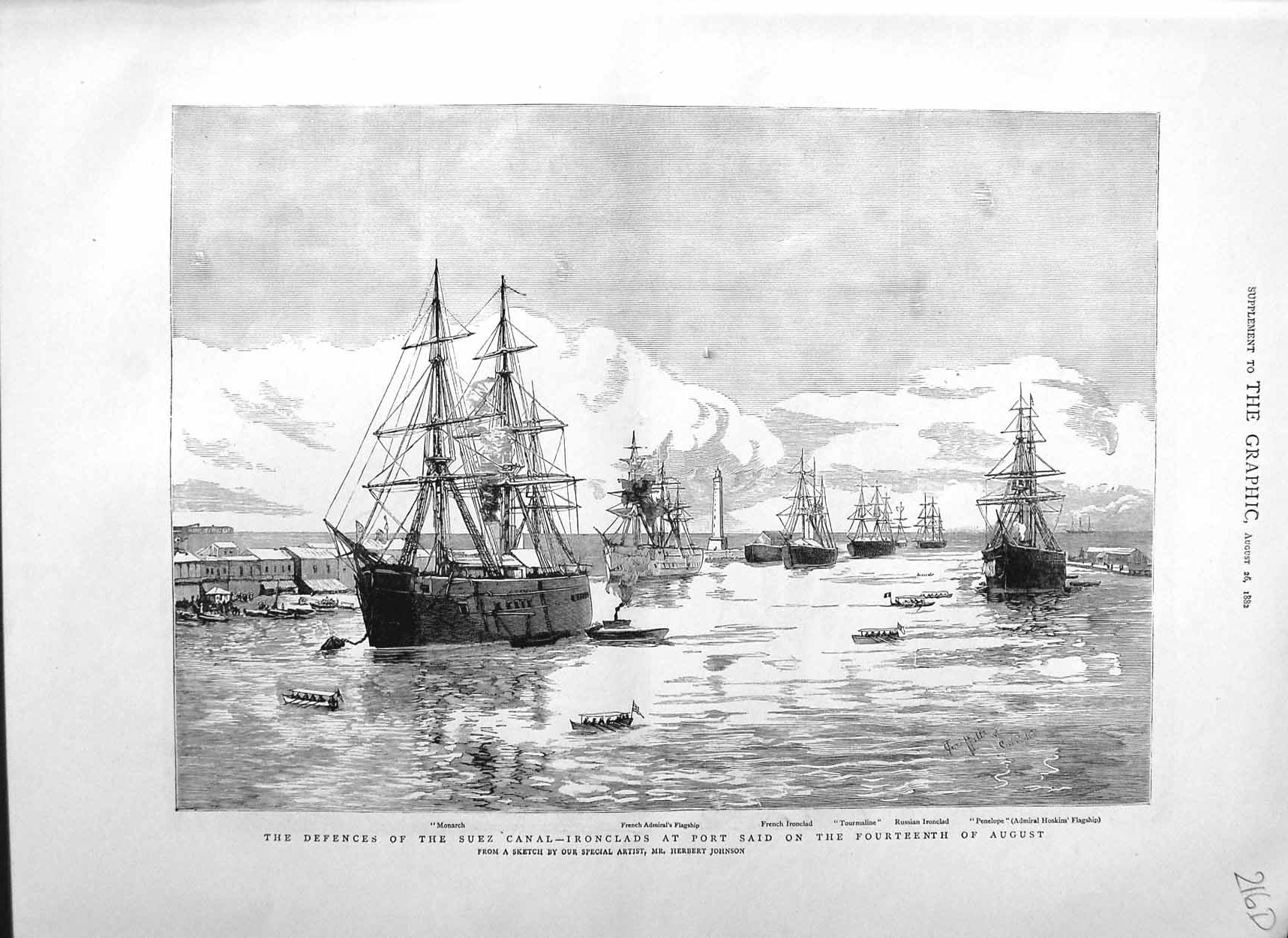 Old Antique Print 1882 Suez Canal Port Said War Ships Monarch Tourmaline 19th