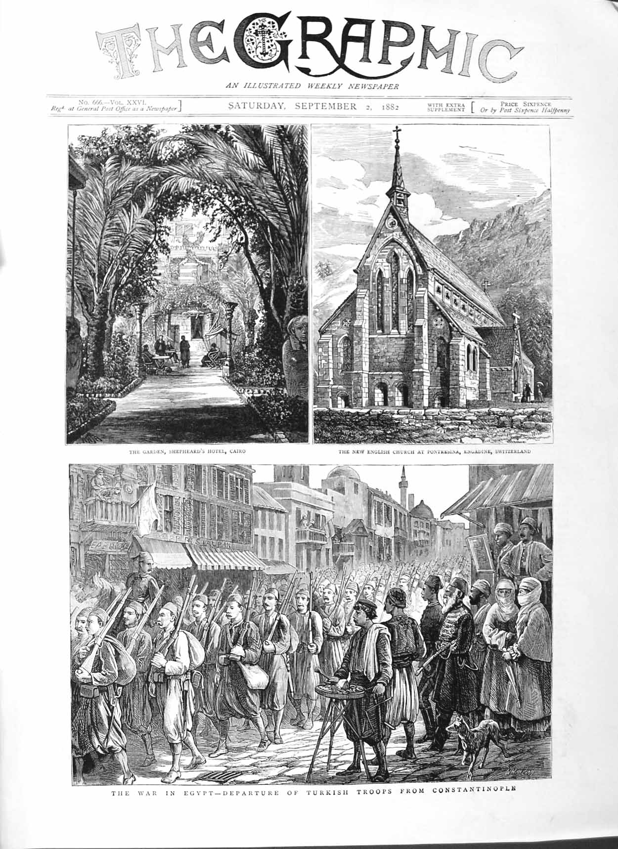 Old Antique Print 1882 War Egypt Constantinople Cairo Church Switzerland 19th