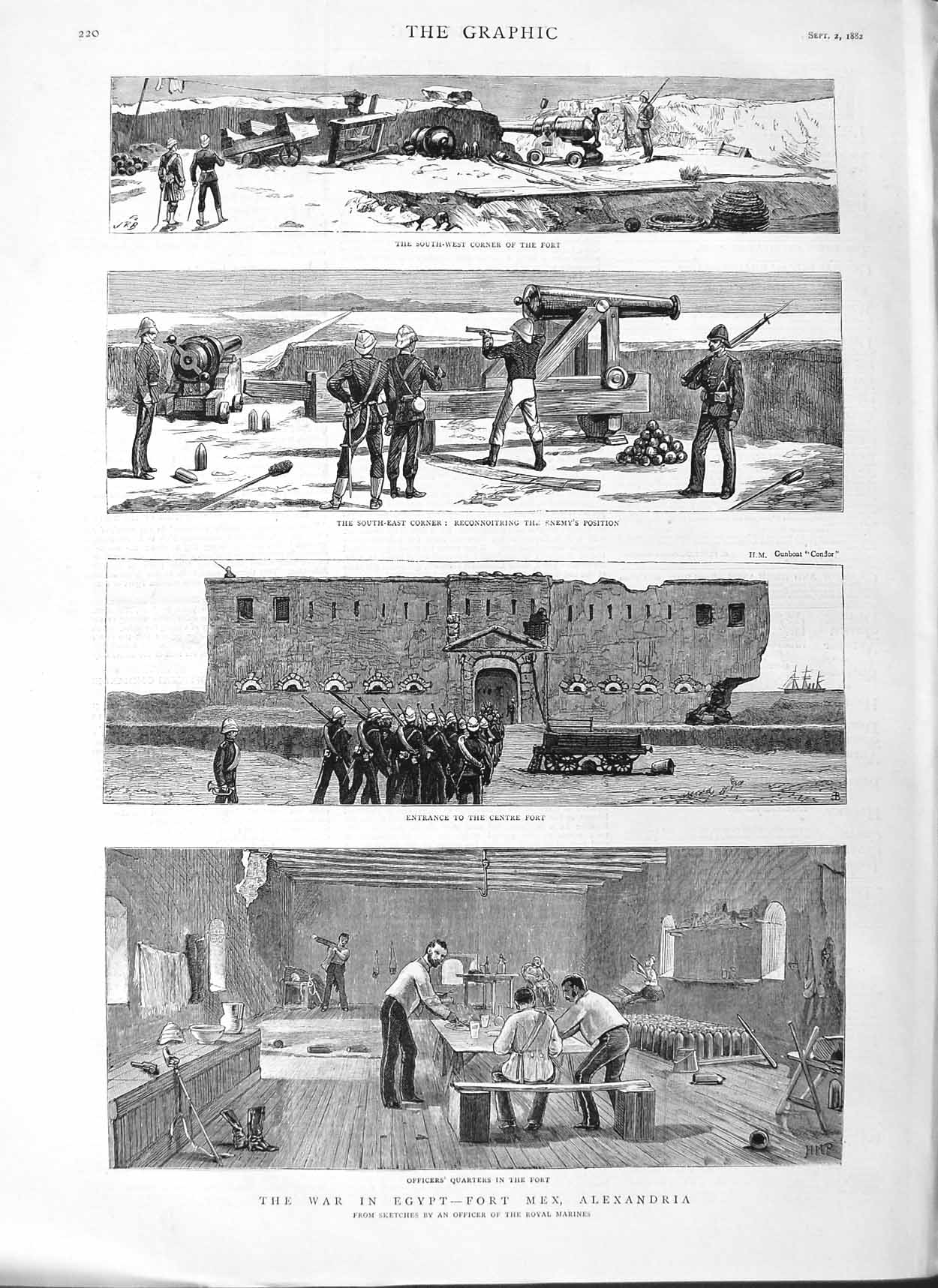 Original Old Antique Print 1882 War Egypt Fort Mex Alexandria Officers Quarters