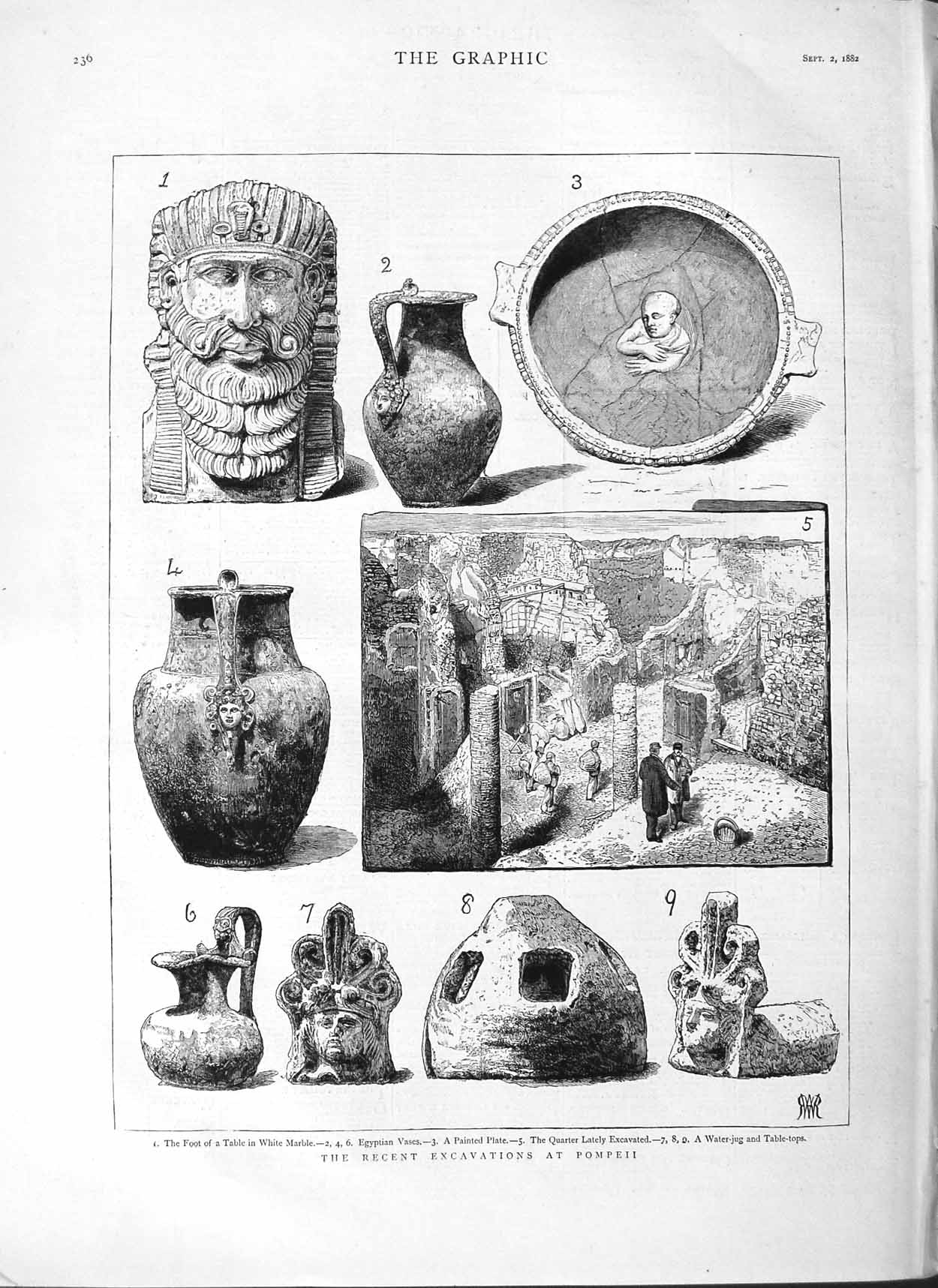 Old Antique Print 1882 Excavations Pompeii Archaeology Vases White Marble 19th