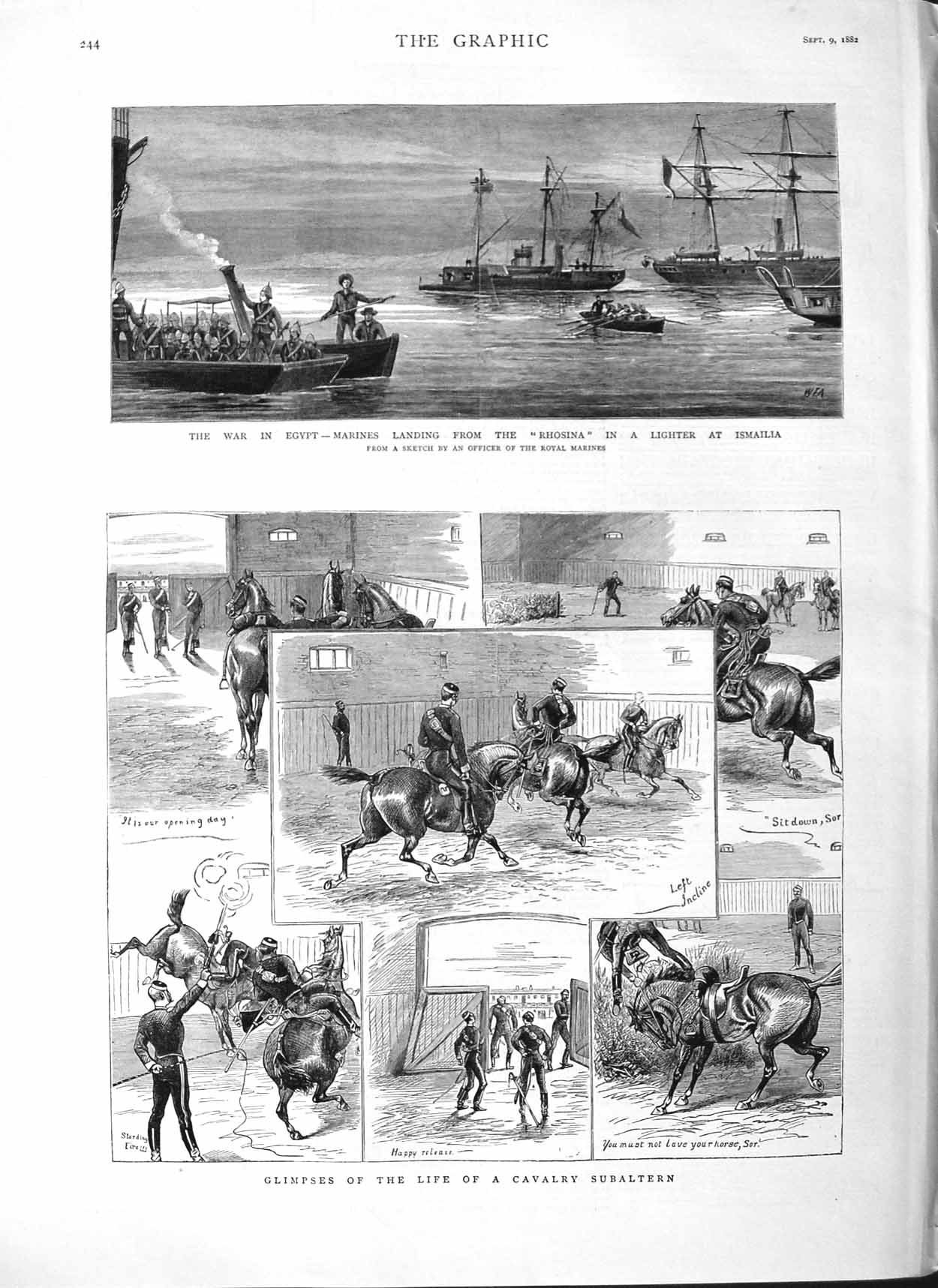 Original Old Antique Print 1882 Cavalry Subaltern War Egypt Rhosina Ship I 19th