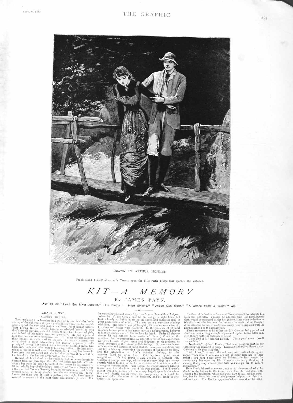 Old Antique Print 1882 Illustration Story Kit Frank Trenna Bridge River 19th