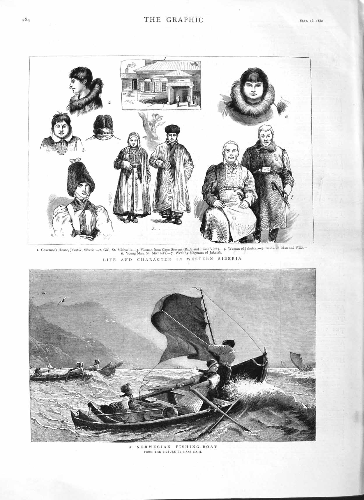 Original Old Antique Print 1882 Norwegian Fishing Boat Siberia Jakutsk B 19th