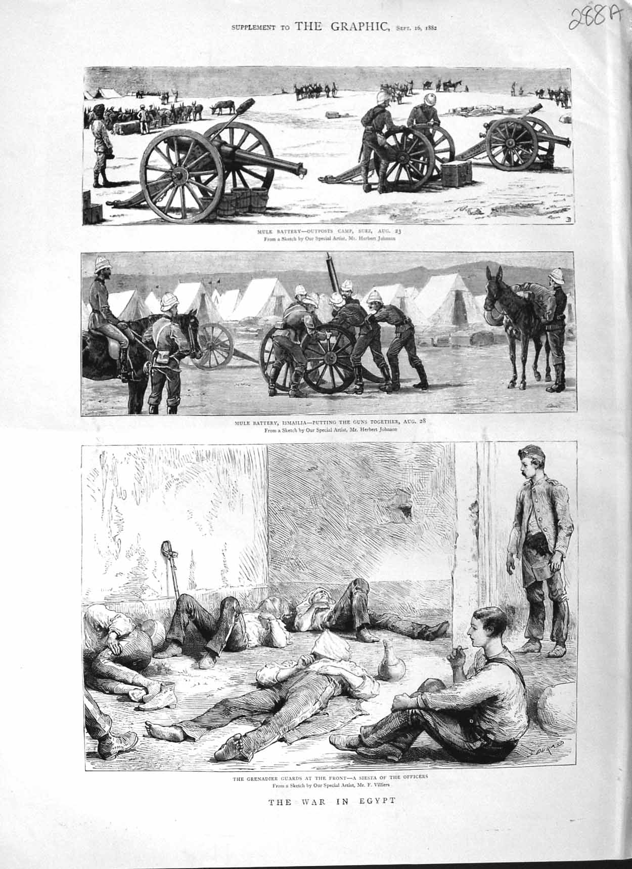Original Old Antique Print 1882 War Egypt Mule Battery Suez Ismailia Gr 19th