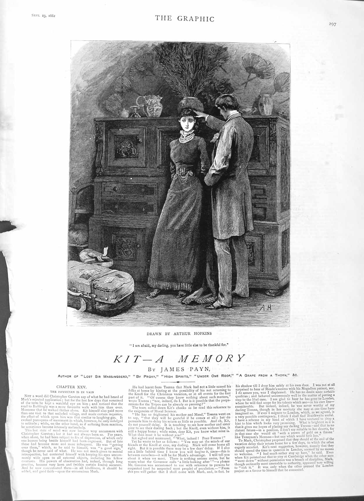 Old Antique Print 1882 Illustration Story Kit Man Woman Romance Hopkins 19th