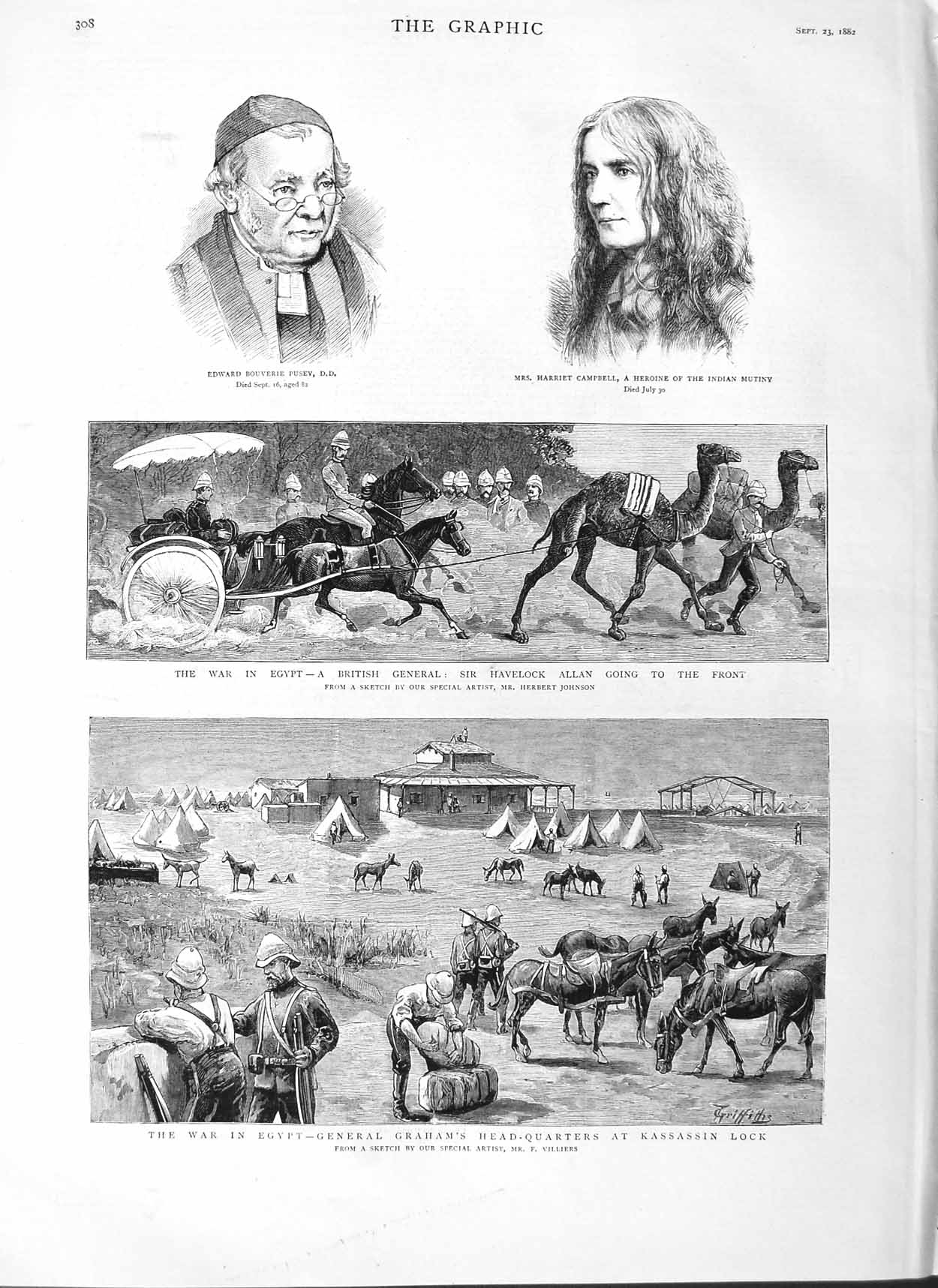 Original Old Antique Print 1882 Pusey Campbell War Egypt Allan Graham Kassassin