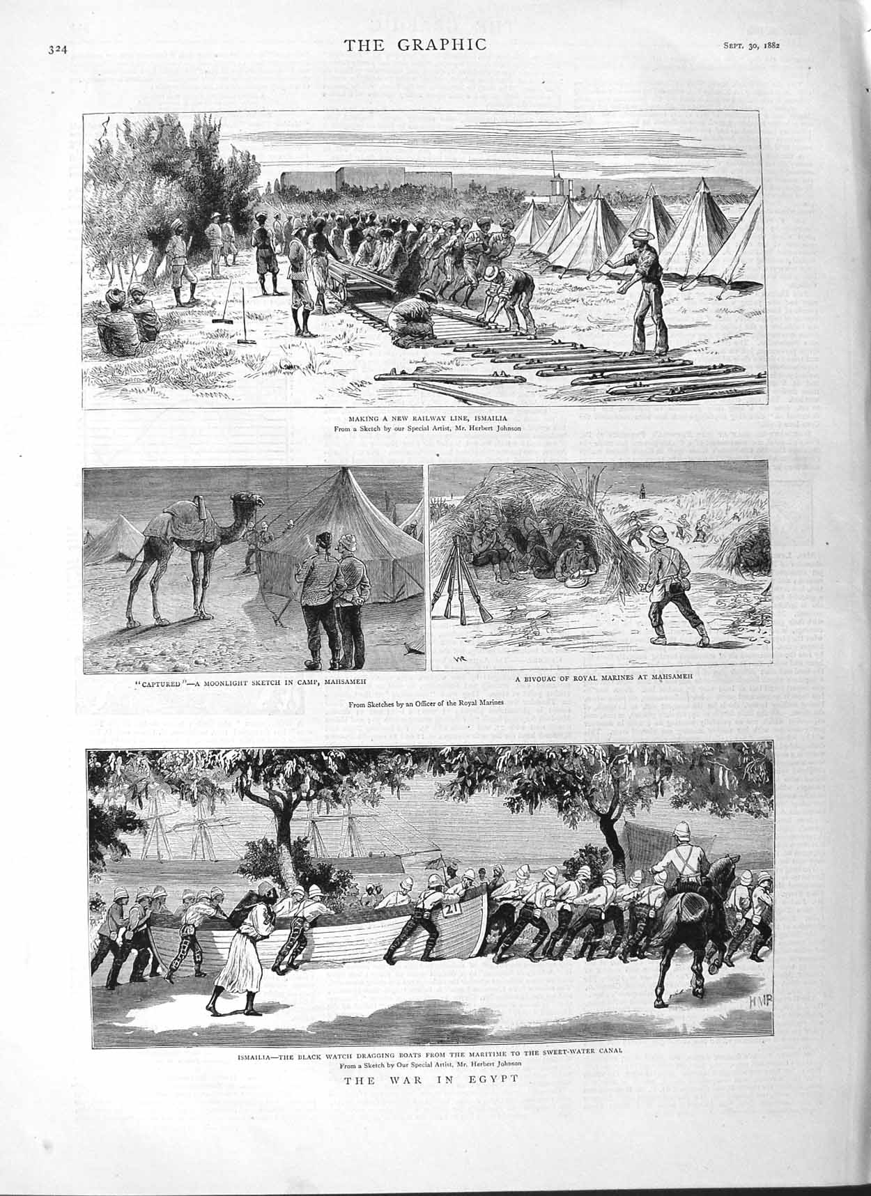 Original Old Antique Print 1882 War Egypt Ismailia Black Watch Railway Mahsameh