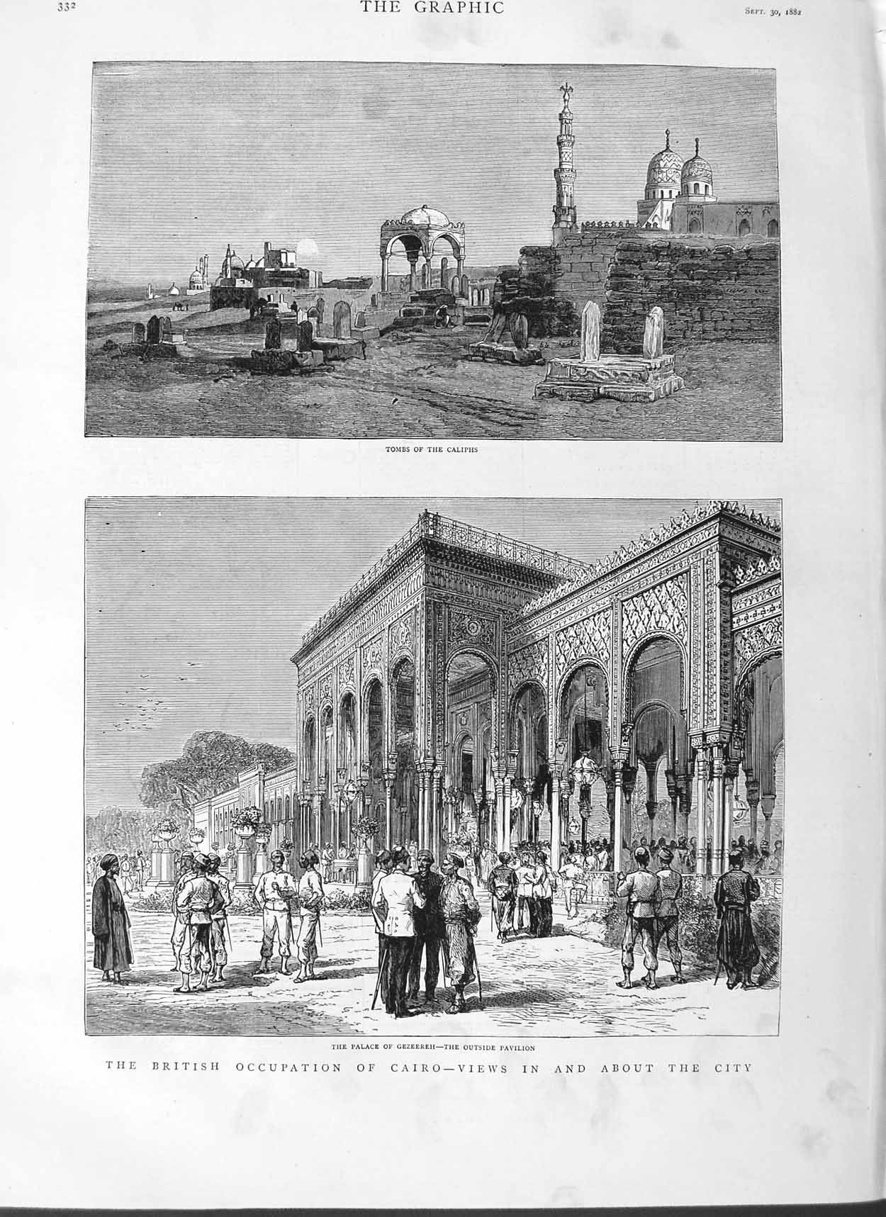 Old Antique Print 1882 Tombs Caliphs Palace Gezeereh Cairo Egypt Pavilion 19th