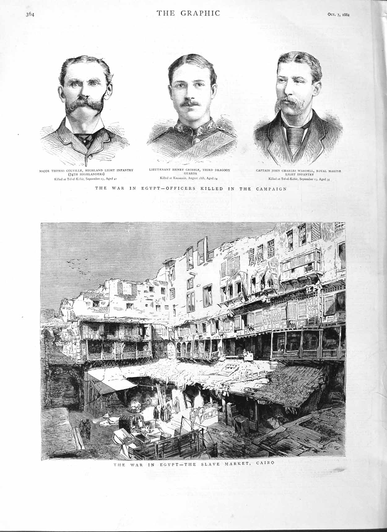 Original Old Antique Print 1882 War Egypt Slave Market Cairo Colville Gribb 19th