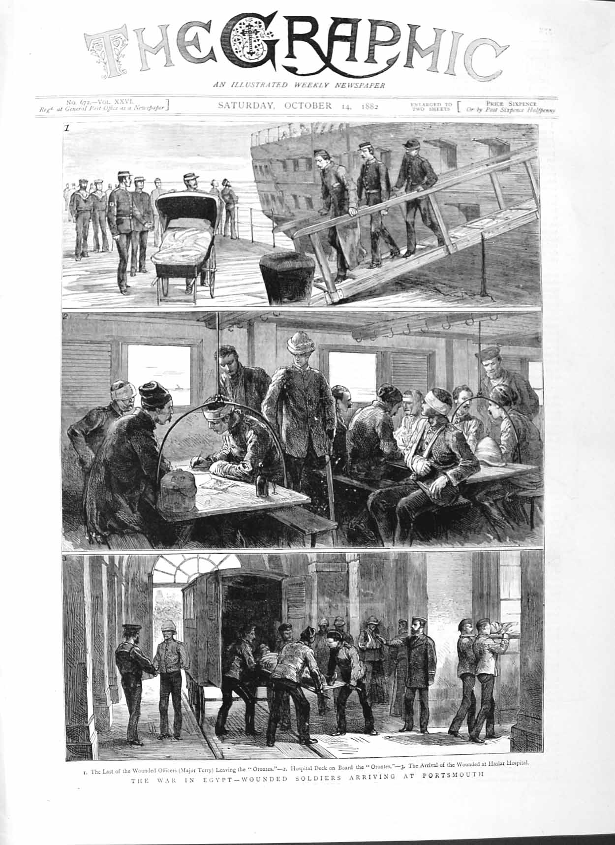 Original Old Antique Print 1882 War Egypt Wounded Siers Portsmouth Orontes Ship