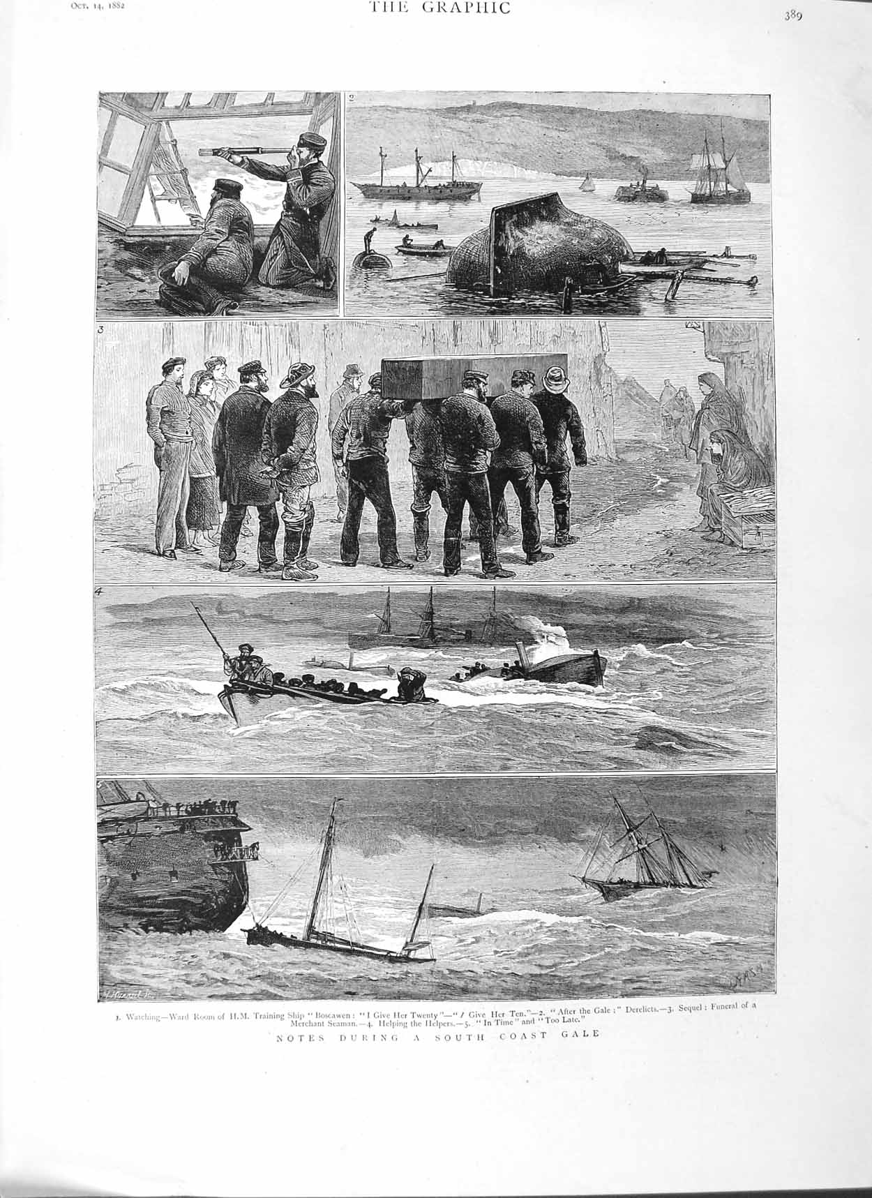Old Antique Print 1882 England Gale Sea Training Ship Boscawen Fine Art 19th