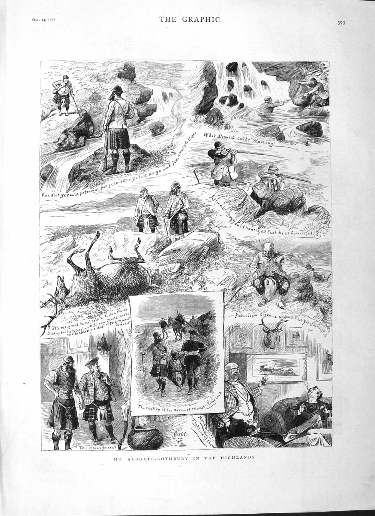 Old Antique Print 1882 Aldgate-Lothbury Highlands Scotland Hunting Deer 19th