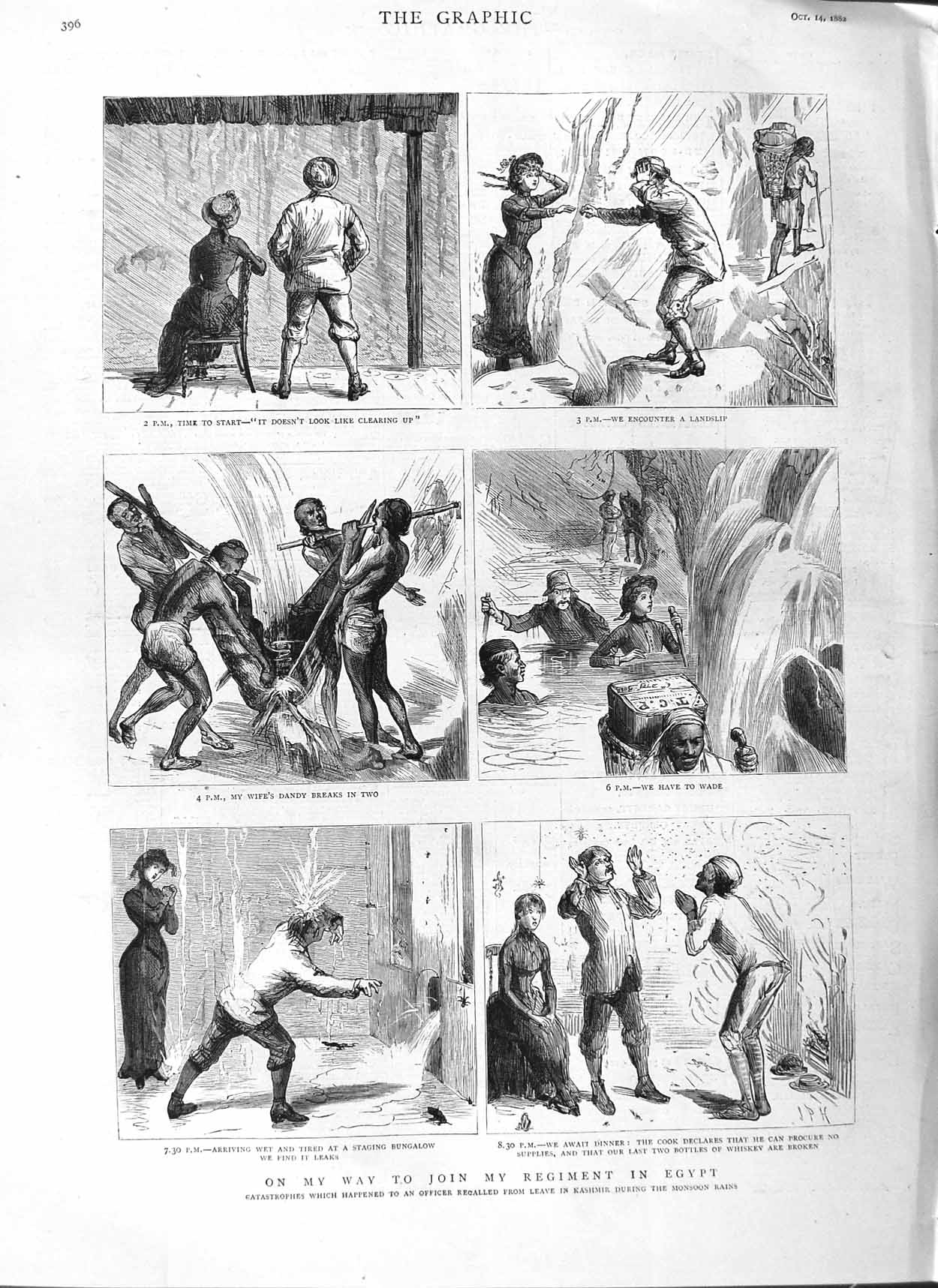 Old Antique Print 1882 Egypt War Officer Monsoon Rain Cook Natives Dandy 19th