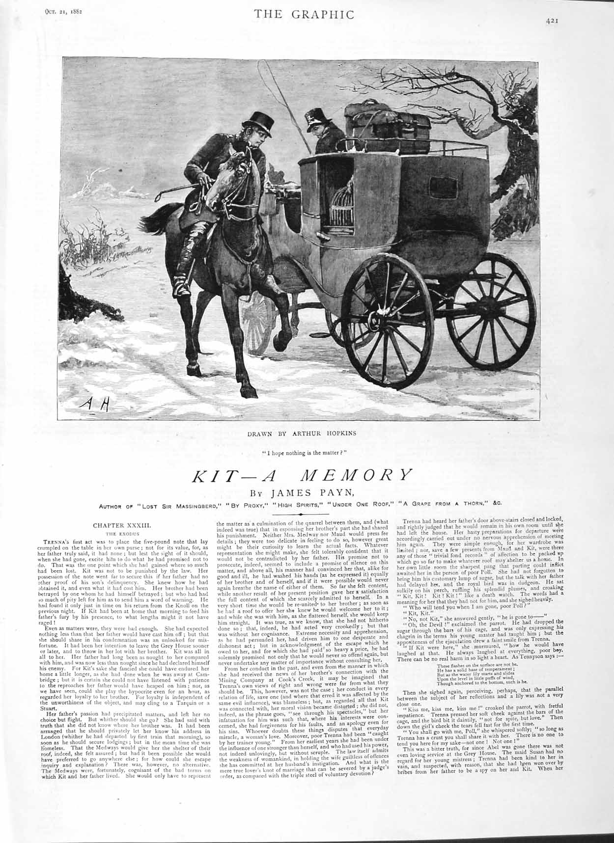 Old Antique Print 1882 Illustration Story Kit Snow Horse Carriage Hopkins 19th