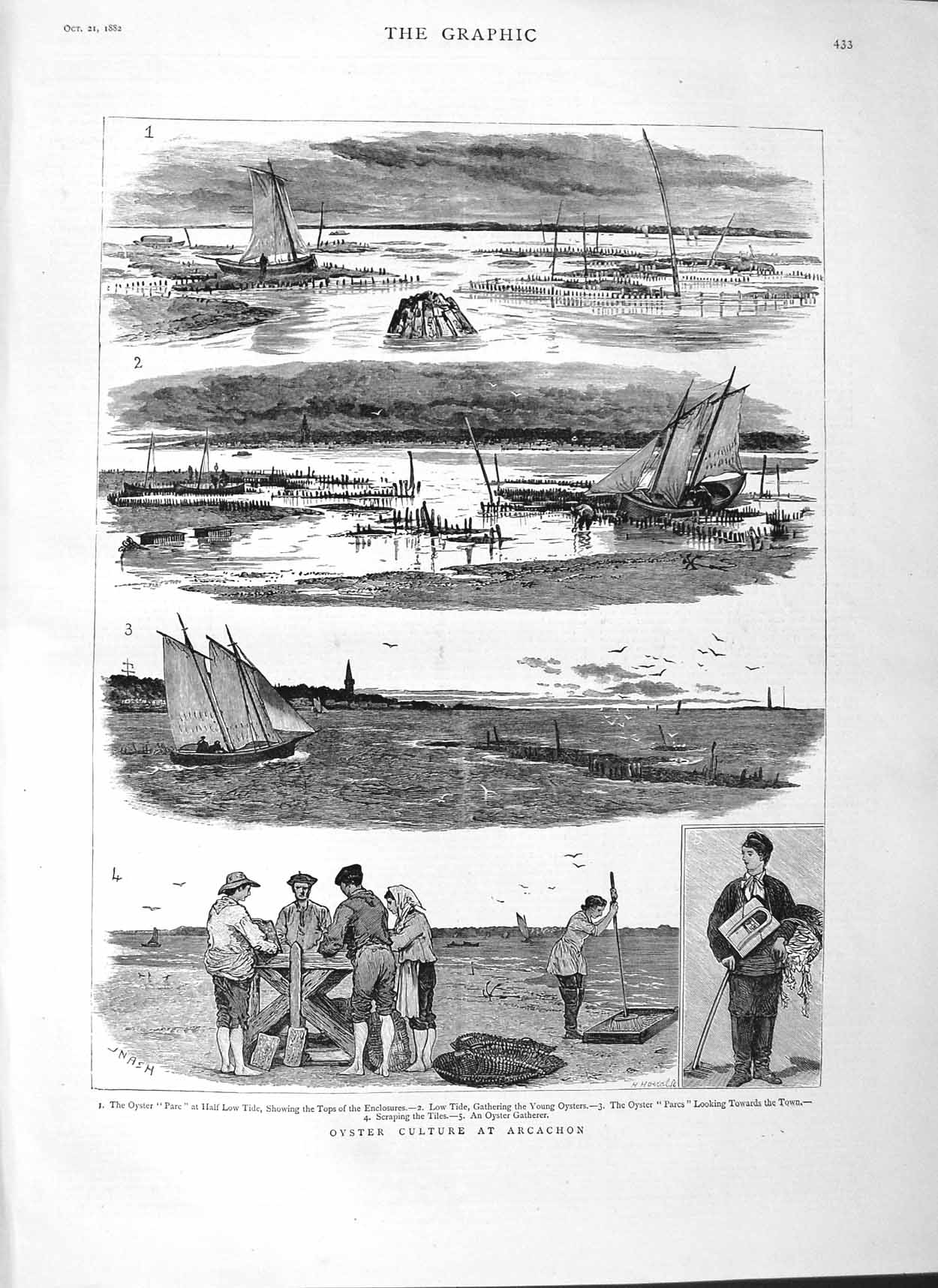Original Old Antique Print 1882 Oyster Culture Arcachon Fishing Boats F 19th
